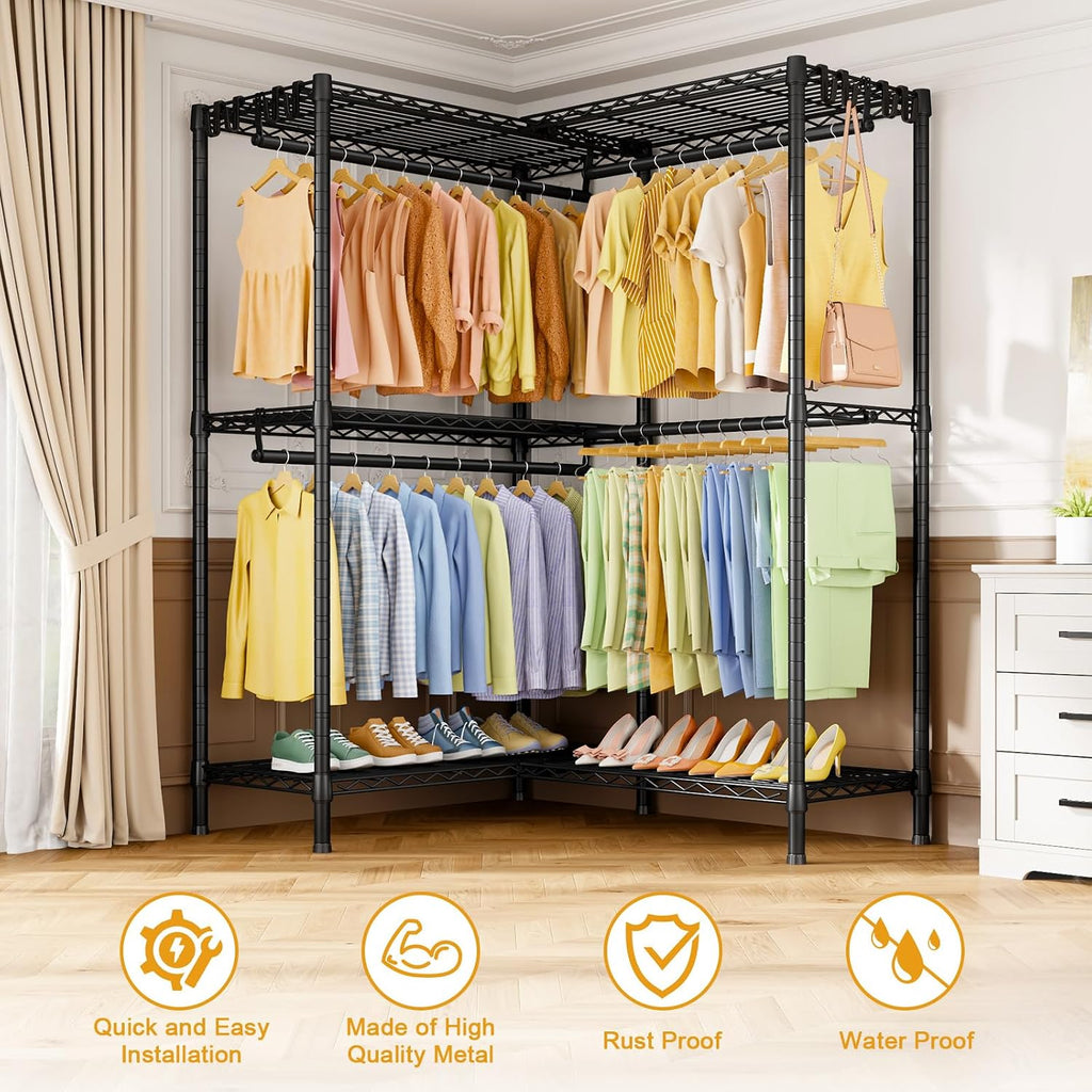 ULIFHOME E15 Garment Rack L Shaped Clothes Rack for Corner，Freestanding Clothing Racks for Hanging Clothes，Heavy Duty Closet Organizer with 4 Hanging Rods & 8 S Hooks，43.4' W x 15.8' D x 78.4' H，Black
