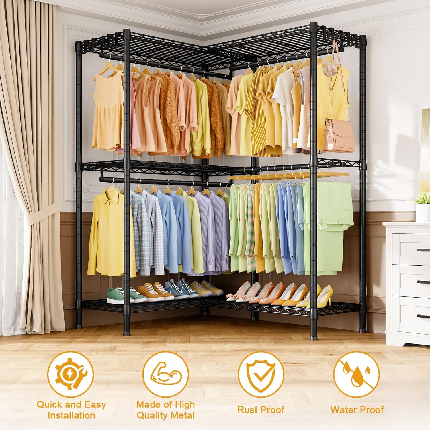 ULIFHOME E15 Garment Rack L Shaped Clothes Rack for Corner，Freestanding Clothing Racks for Hanging Clothes，Heavy Duty Closet Organizer with 4 Hanging Rods & 8 S Hooks，43.4' W x 15.8' D x 78.4' H，Black