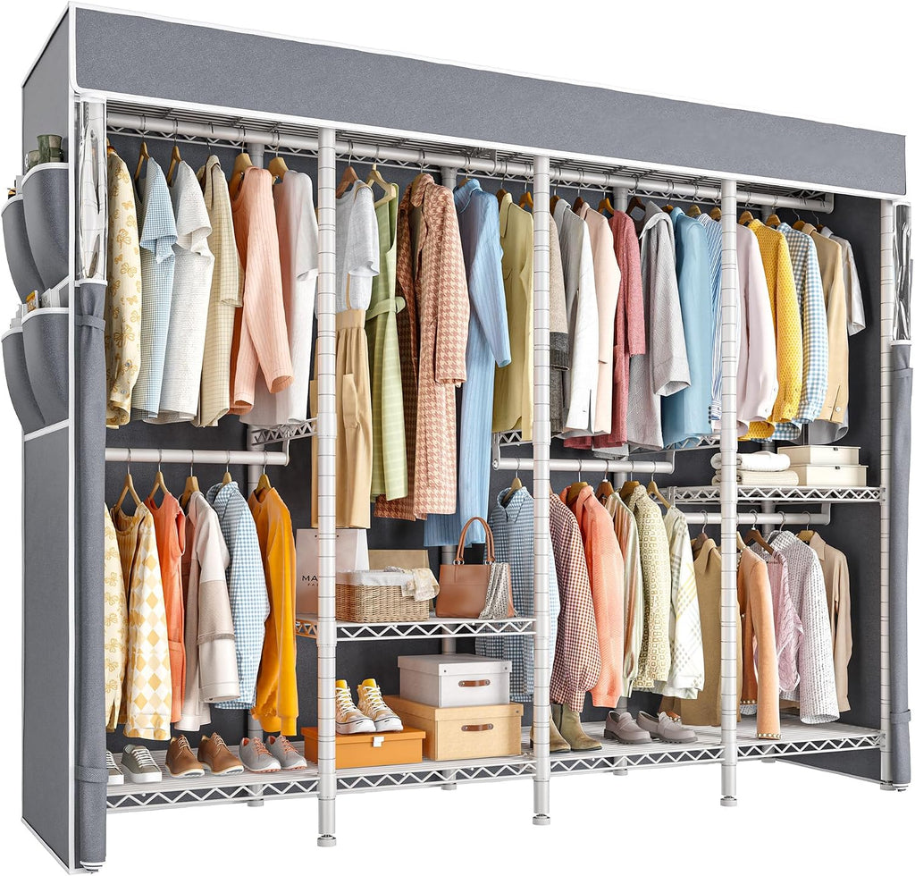 Raybee Clothes Rack with Cover,1150LBS Heavy Duty Clothing Rack for Hanging Clothes,Adjustable Portable,18' D x 76' W x 77' H,White