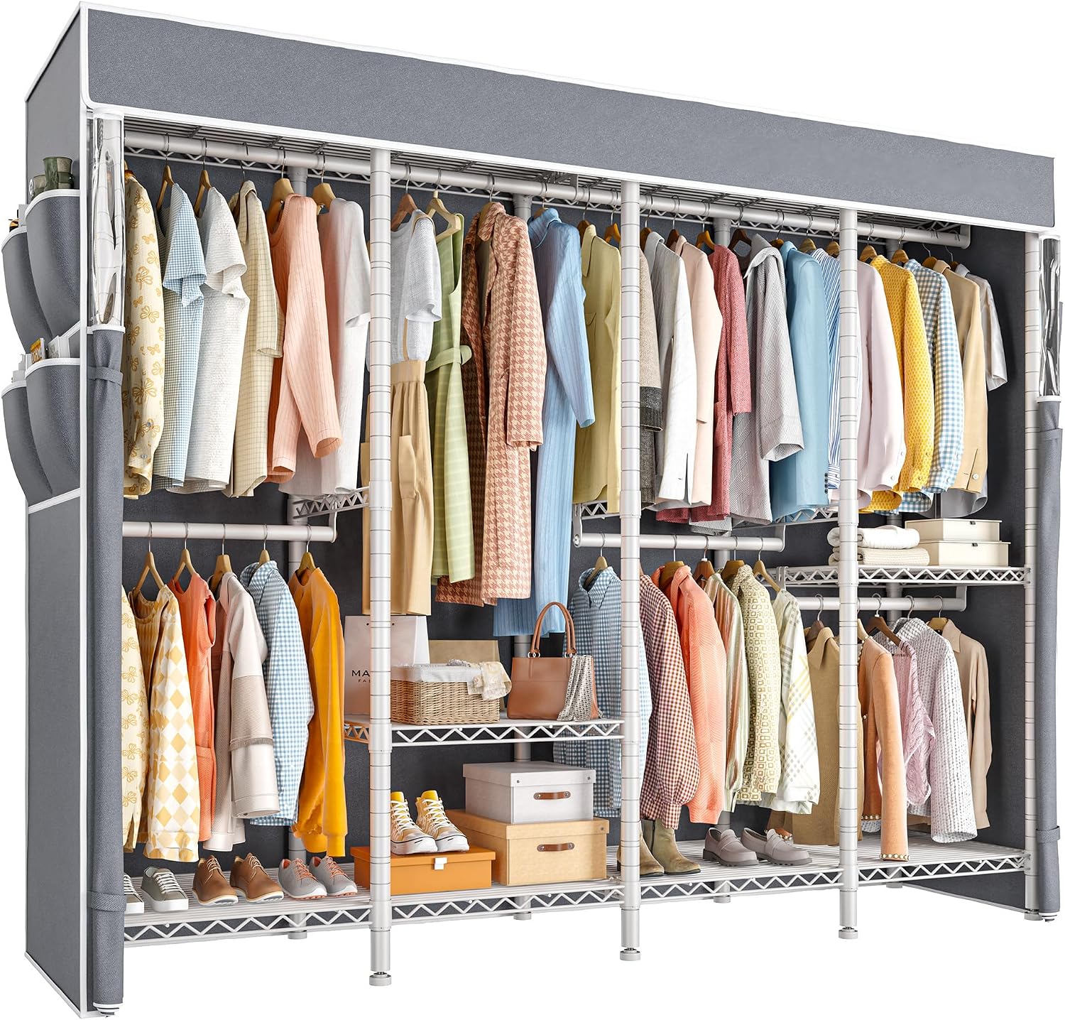Raybee Clothes Rack with Cover,1150LBS Heavy Duty Clothing Rack for Hanging Clothes,Adjustable Portable,18' D x 76' W x 77' H,White