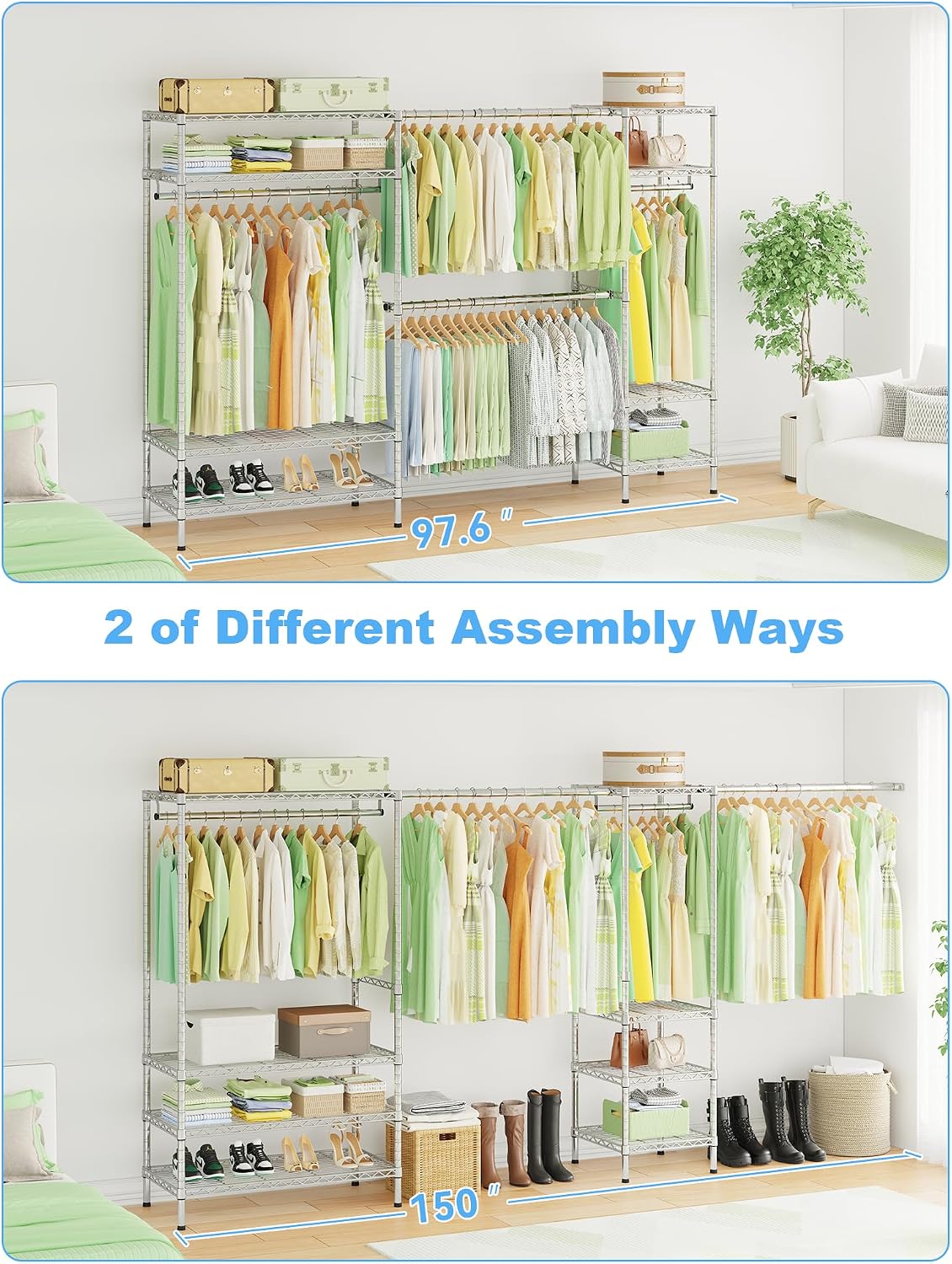 Ulif E11 Heavy-Duty Garment Rack, Metal Freestanding Clothes Rack and Closet Storage Organizer System with 8 Shelves and 4 Hanger Rods, (73.2-97.6)' W x 14.5' D x 71.2' H, Load 1034 LBS, Chrome