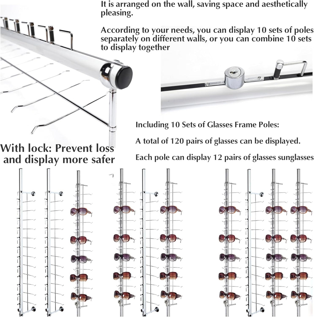 Eyewear Display Sunglass Display Stand Store Retail Display Glasses Holder Stand Sunglasses Display Stand Sunglasses Sunglasses Rack (Wall Riser Display 120 Pairs(With Lock))