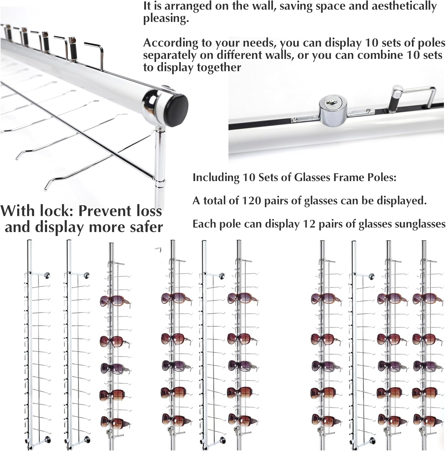 Eyewear Display Sunglass Display Stand Store Retail Display Glasses Holder Stand Sunglasses Display Stand Sunglasses Sunglasses Rack (Wall Riser Display 120 Pairs(With Lock))
