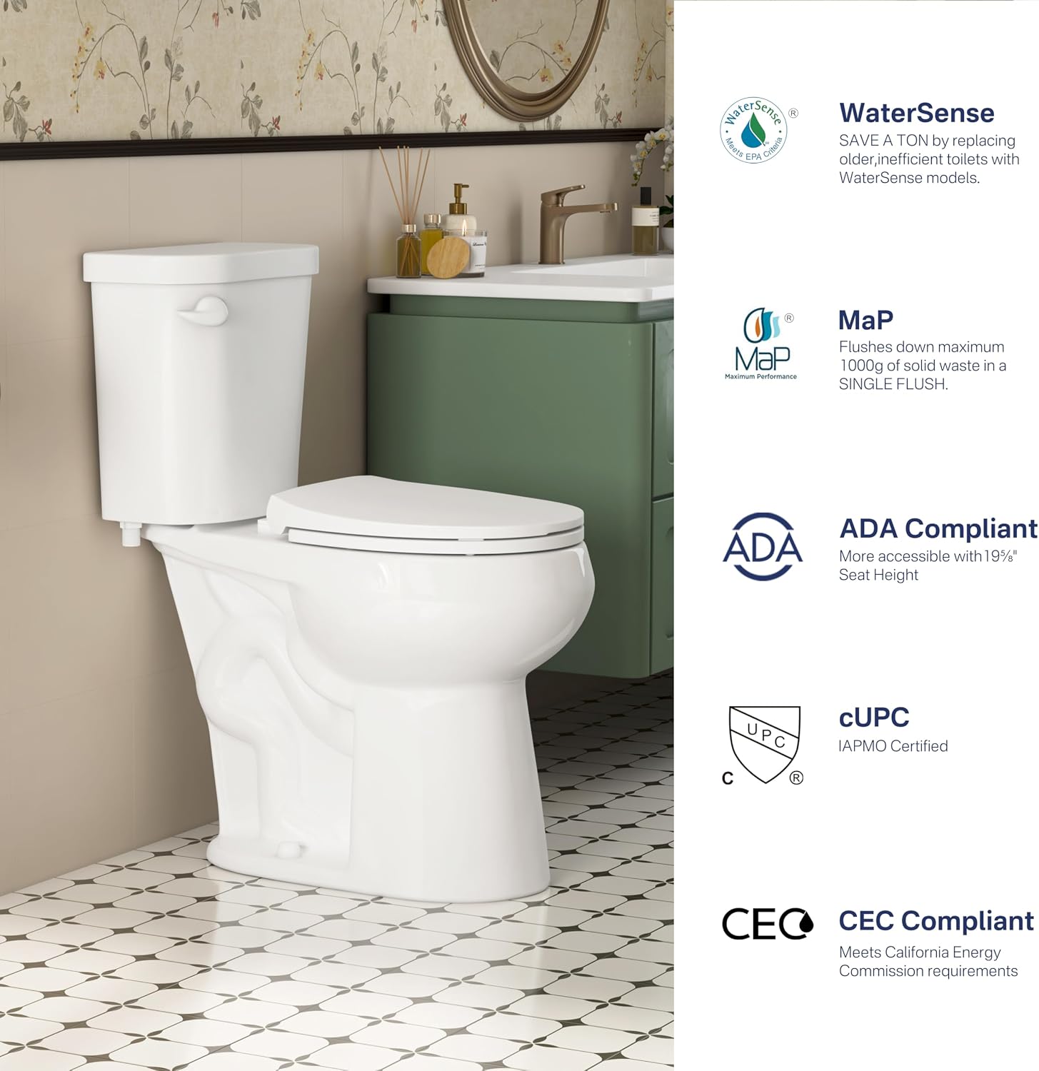 Eridanus Tall Two Piece Toilet, ADA Compliant Height 19', Round Toilets Bowl with Soft Close Seat, 1.28 GPF, 12' Rough-In, for Elderly, Pregnant, Handicap,Taller