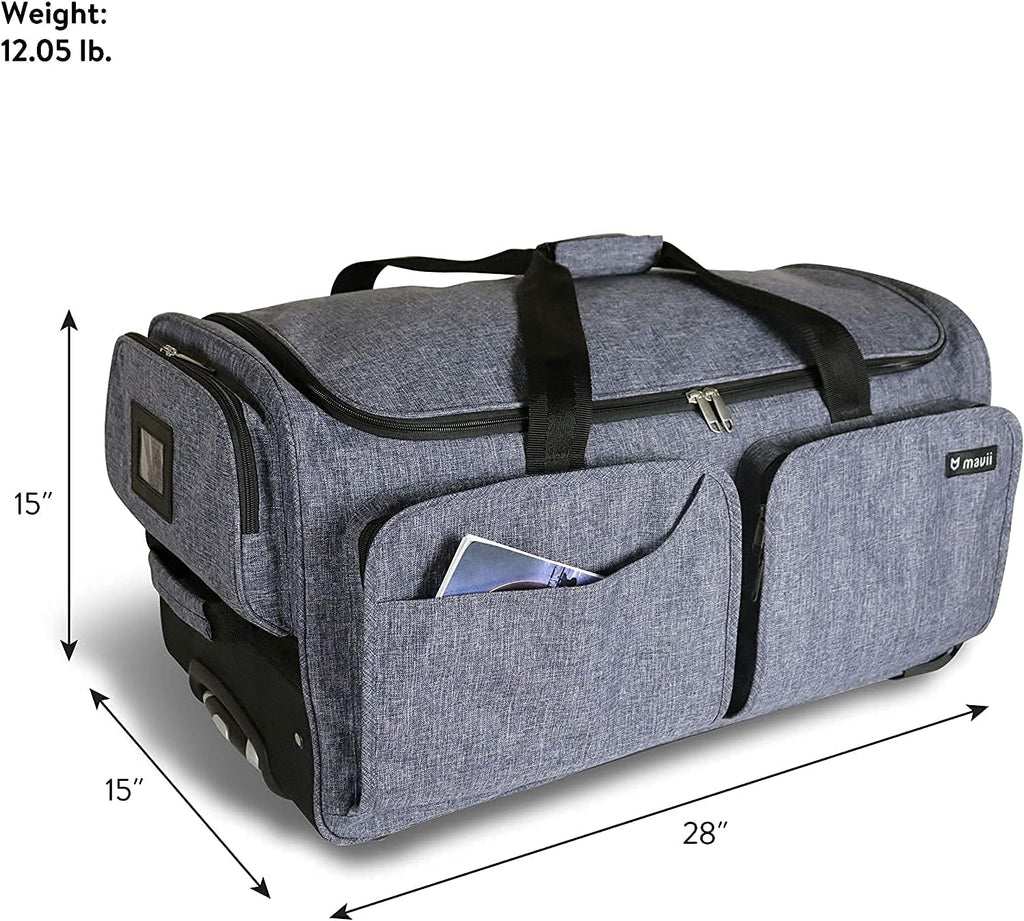 Mavii Dance Bag with Garment Rack, 28 inch Rolling Duffel With, Ideal for Competitions & Travel, Easy-assembly Lightweight Aluminum Clothes Rack, Wheeled Upright Luggage, Heathered Gray