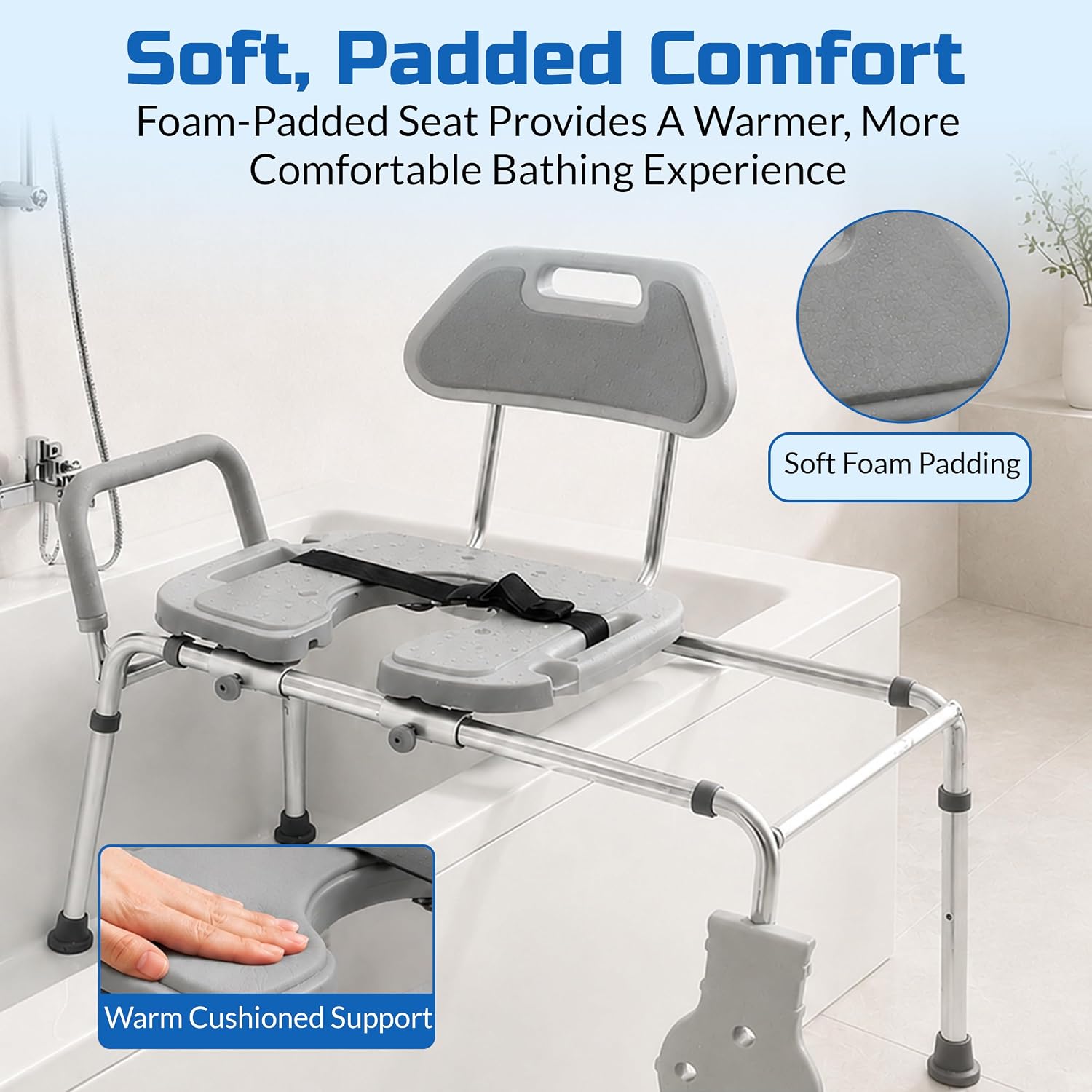 Platinum Health Sliding Shower Chair HydroGlyde Premium Heavy Duty, Padded Bathtub Transfer Bench with Cut Out Seat, for Bath Tub, Adjustable Legs, and Safety Belt, Quick Tool-Less Assembly, Gray