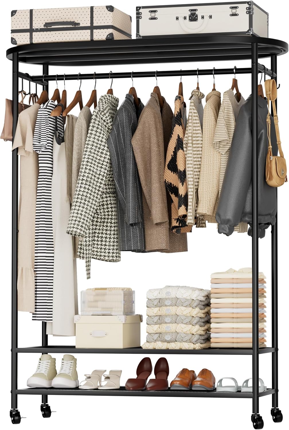 Clothes Rack with Cover, Heavy Duty Portable Closet for Hanging Clothes, Rolling Clothing Closet, Garment Rack with Wheels&Side Hooks, Closet Organizers and Storage with Black Cover, Max Load 380LBS
