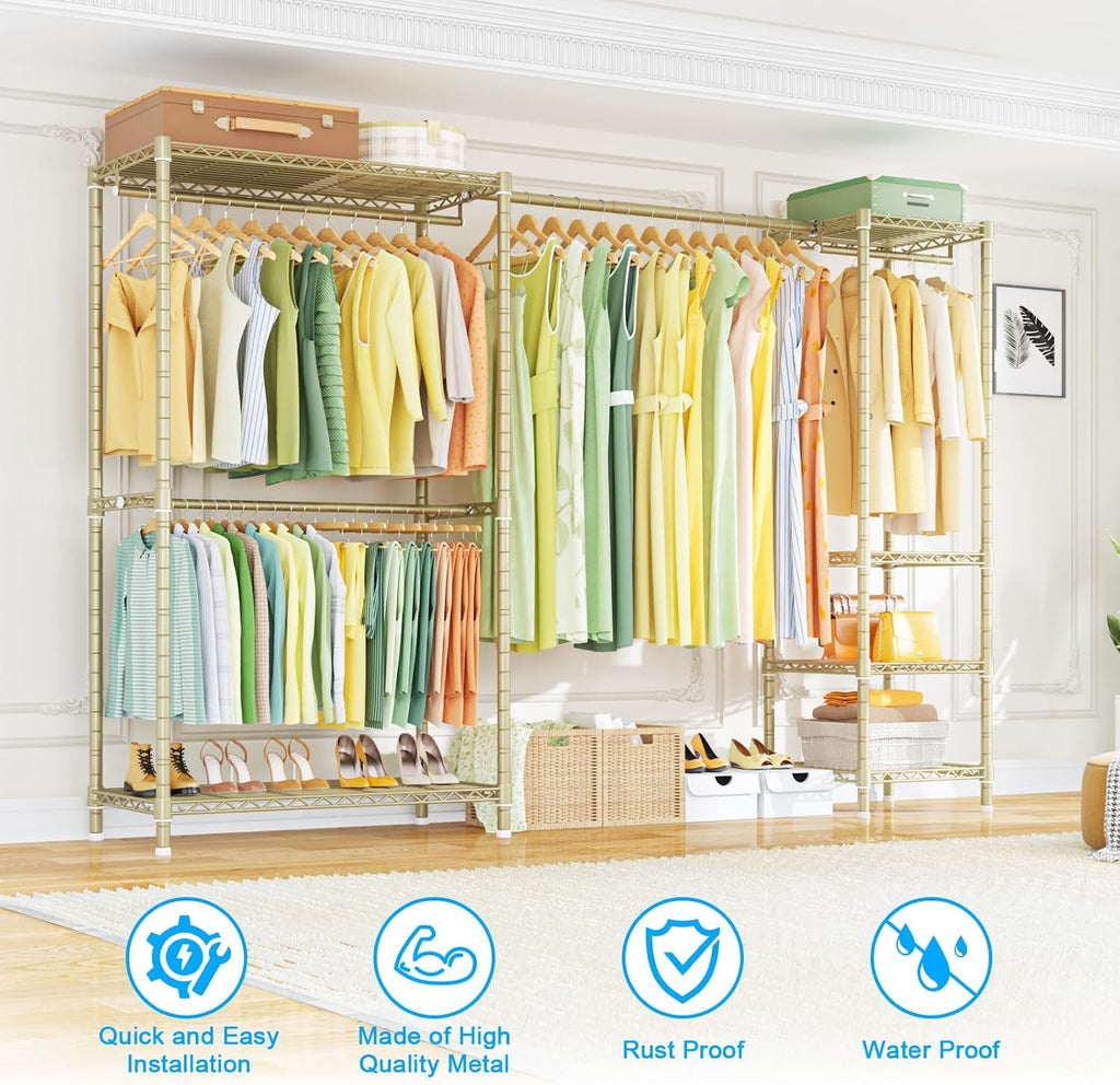 Ulif E10 Clothes Rack（With Stretchable Hanger Rod）Freestanding Clothing Racks for Hanging Clothes，Adjustable Closet Organizer System，Portable Garment Rack 73-97'W x 15' D x 72' H，Max Load 800LBS，Gold