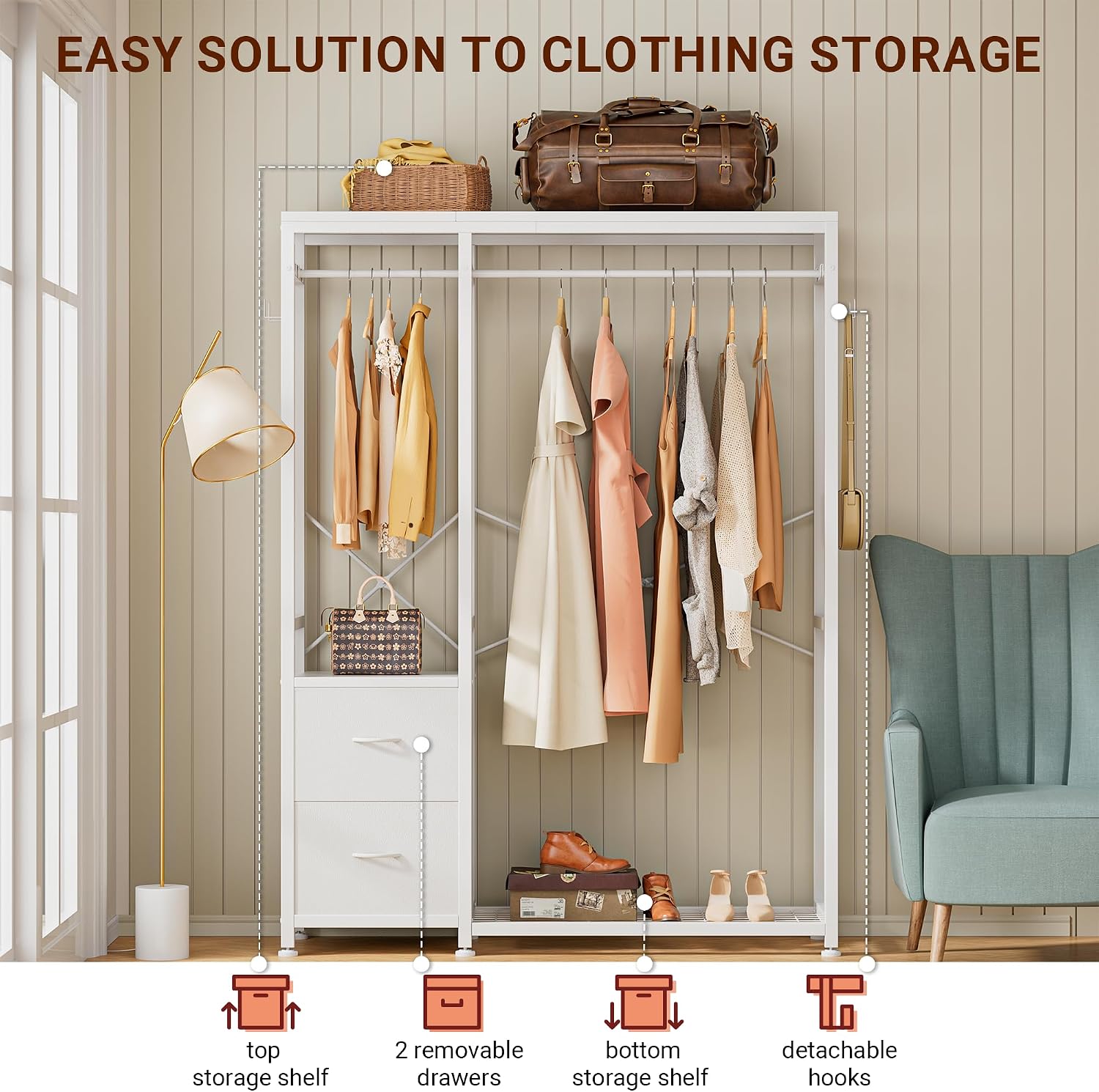Lulive Clothes Rack with 2 Rods, Shelves, Drawers & Hooks, Garment Rack | Clothes rack with 2 hanging rods (50lbs each), 2 shelves, 2 fabric drawers & 4 hooks. 300lb total capacity. Fits small spaces
