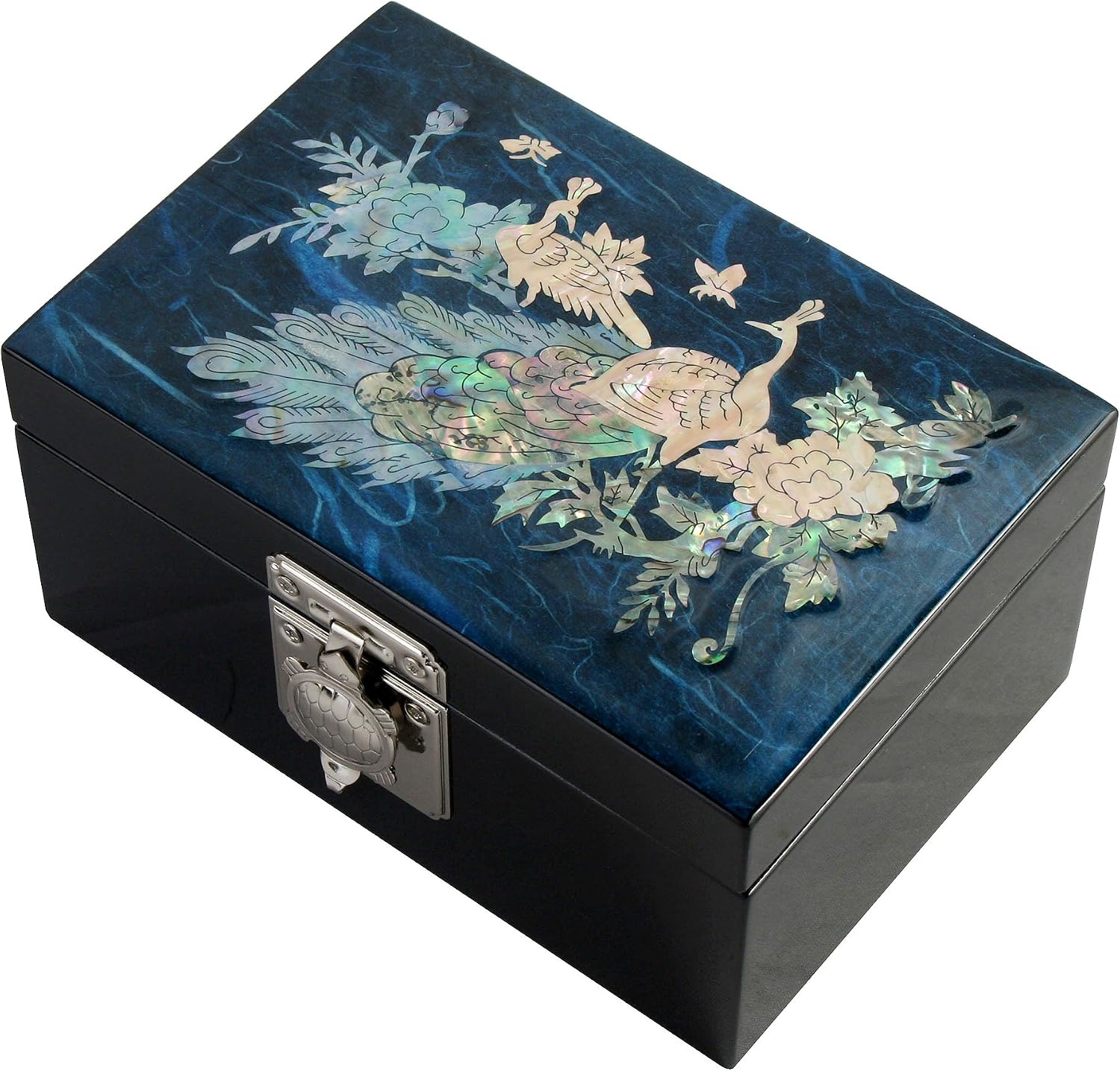 Antique Alive Mother of Pearl Inlay Design Jewelry Box, Wood Jewelry Box, Trinket Case, Keepsake Treasure Chest Box Organizer Holder (Peacock Blue)