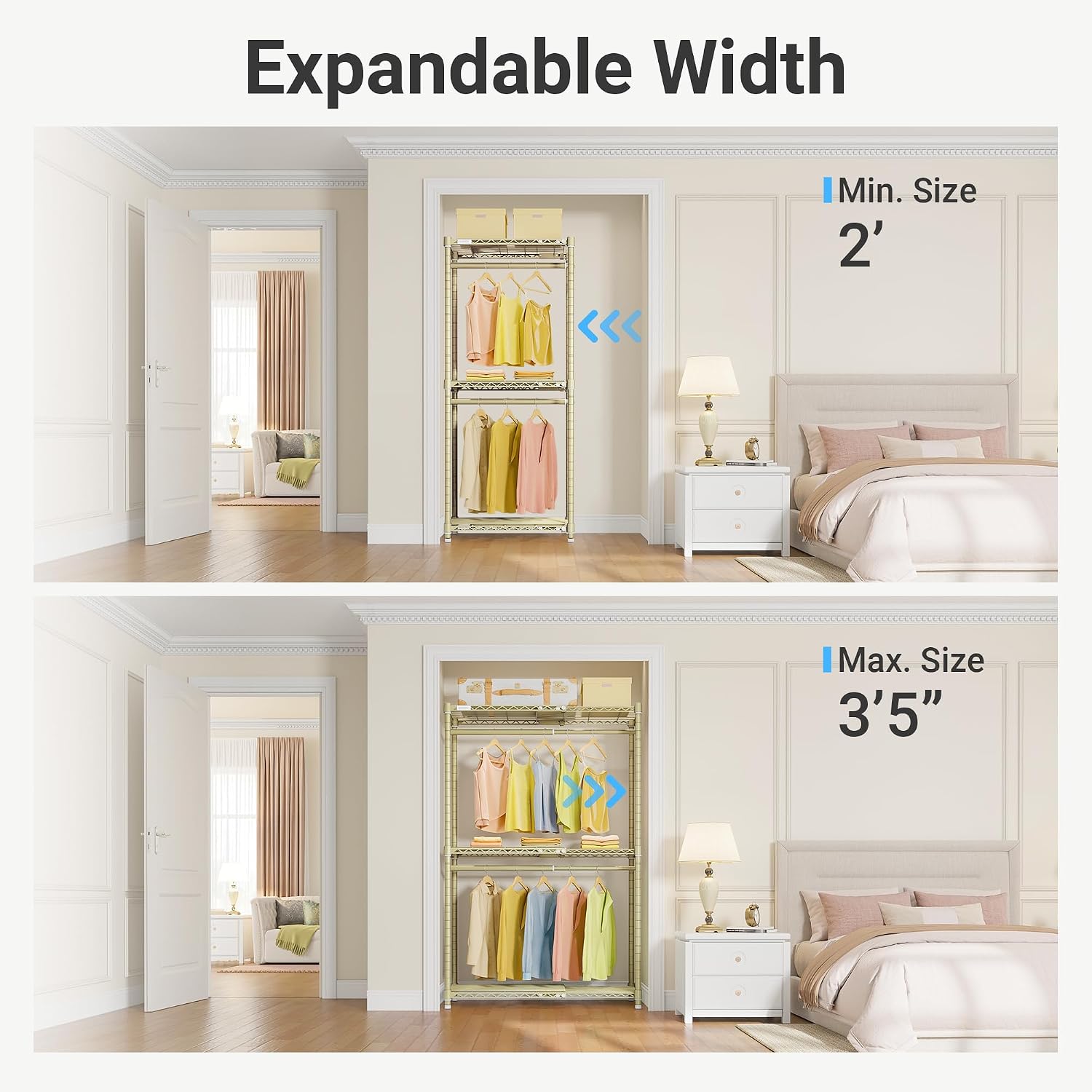 VIPEK X1 Expandable Clothes Rack Heavy Duty Adjustable from 2' to 3'5' with Adjustable Shelves and Hanger Rods, Reach-in & Walk-in Closets Metal Garment Racks Portable Closet, Gold