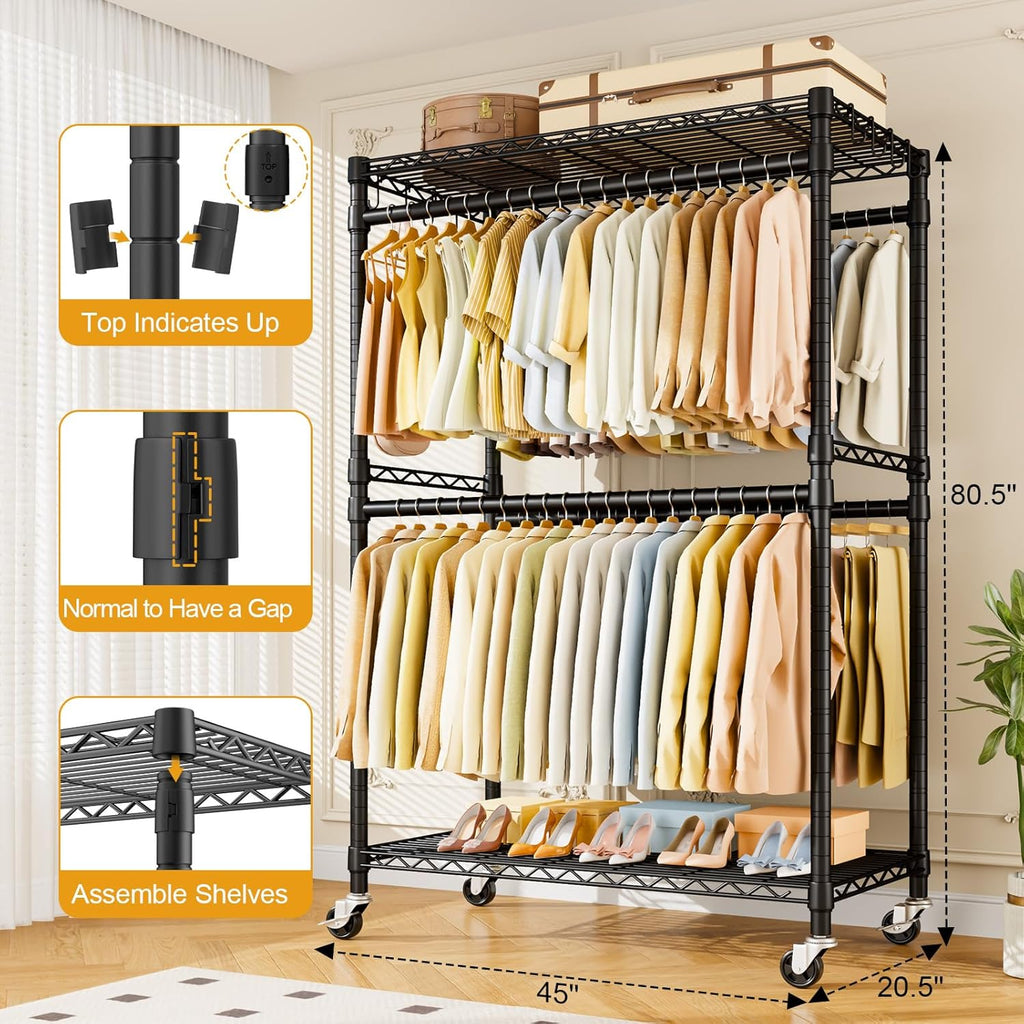 ULIFHOME P4 Plus Rolling Clothes Rack Heavy Duty, Clothing Racks for Hanging Clothes, Free Standing Garment Racks with Wheels, Portable Closet Rack 45''W × 20.5''D × 80.5''H, Max Load 570 Lbs, Black