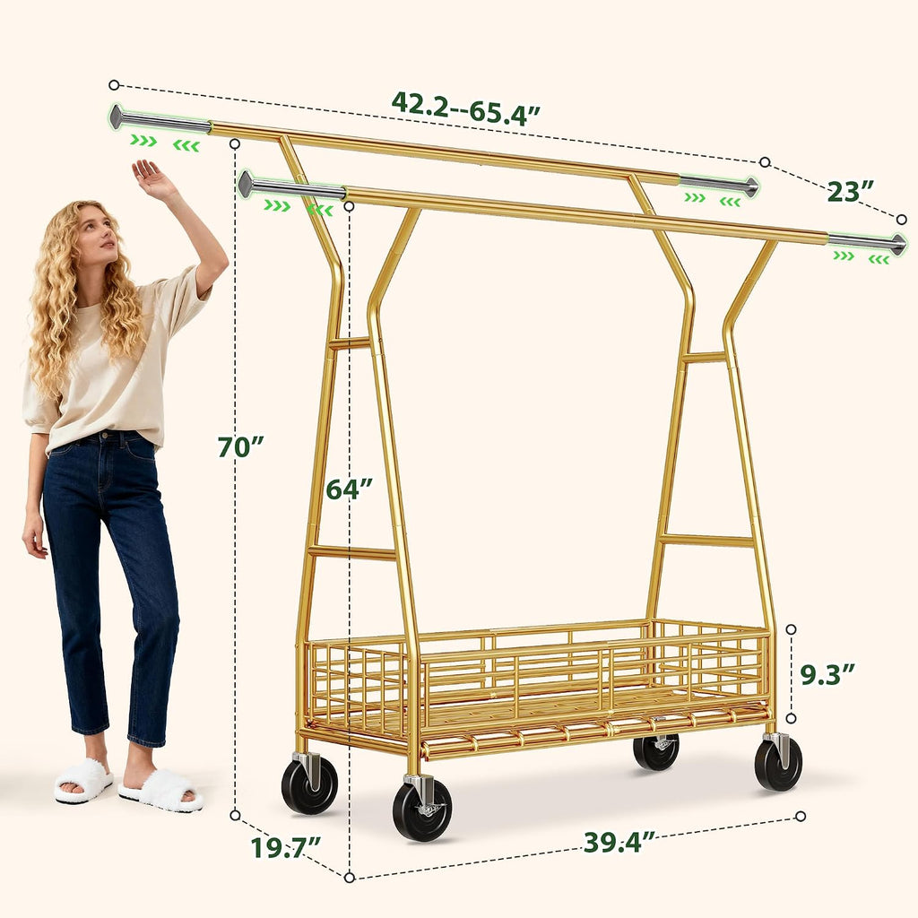 Raybee Heavy Duty Clothes Rack 630LBS, Double Rods Clothing Rack with Storage Basket, Portable Garment Rack for Heavy Clothes, Extendable & Adjustable, Bedroom, Closet, Commercial, Gold