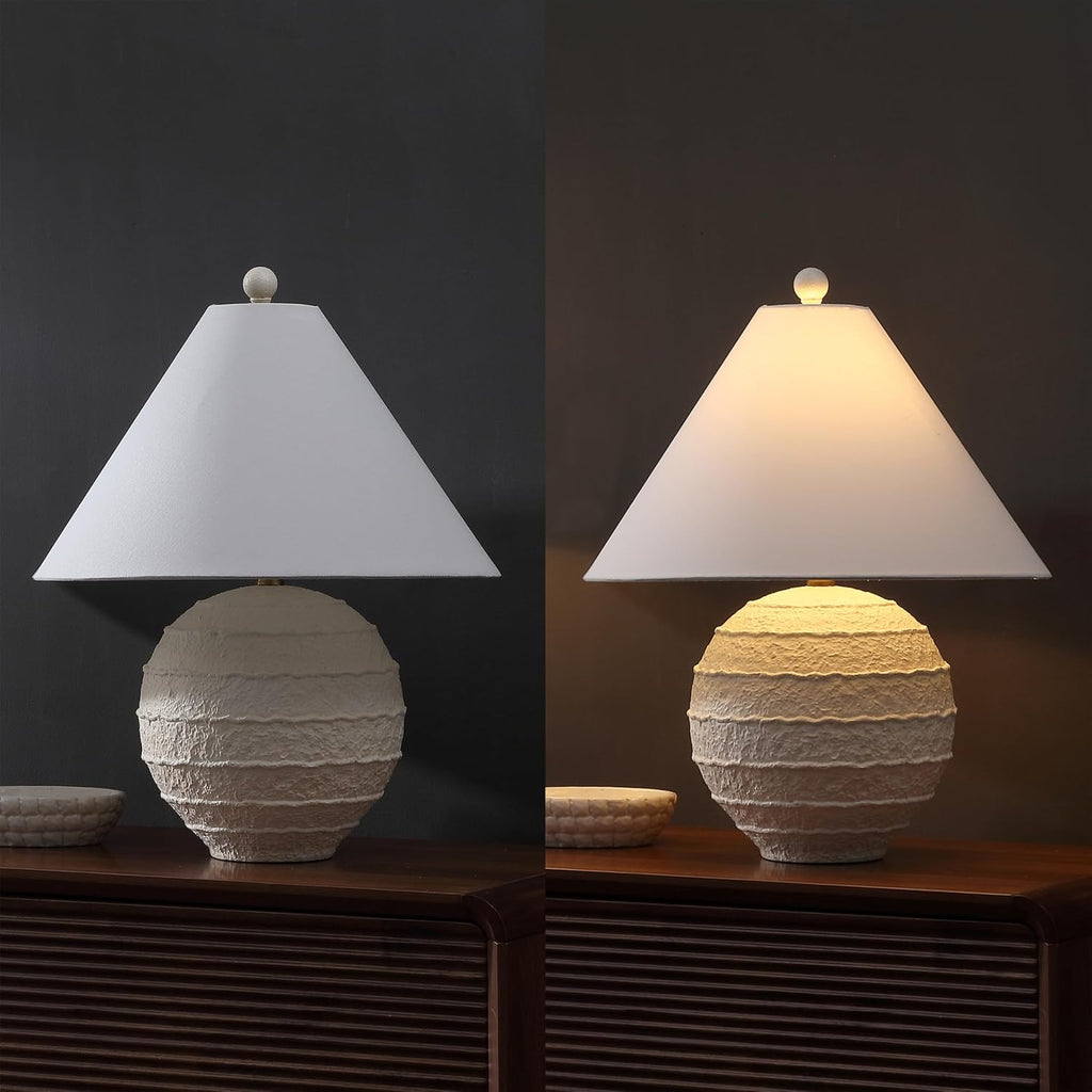 JONATHAN Y 21' Antique White Coastal Cottage Textured Resin Table Lamp Set of 2, Farmhouse Ridged Nightstand Lamps for Living Room Bedroom, White Linen Shade, LED Bulbs JYL9205A-SET2