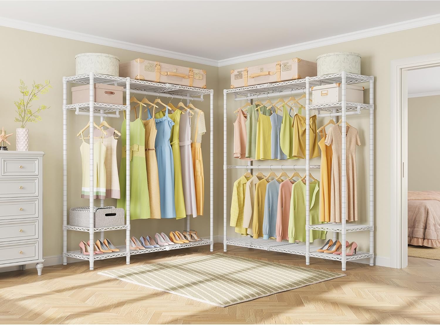 VIPEK X20 Expandable Metal Clothing Rack Adjustable from 3'3' to 4'8' Heavy Duty Garment Racks with Adjustable Shelves and Hanger Rods Portable Wardrobe Open Closet Rack System, White