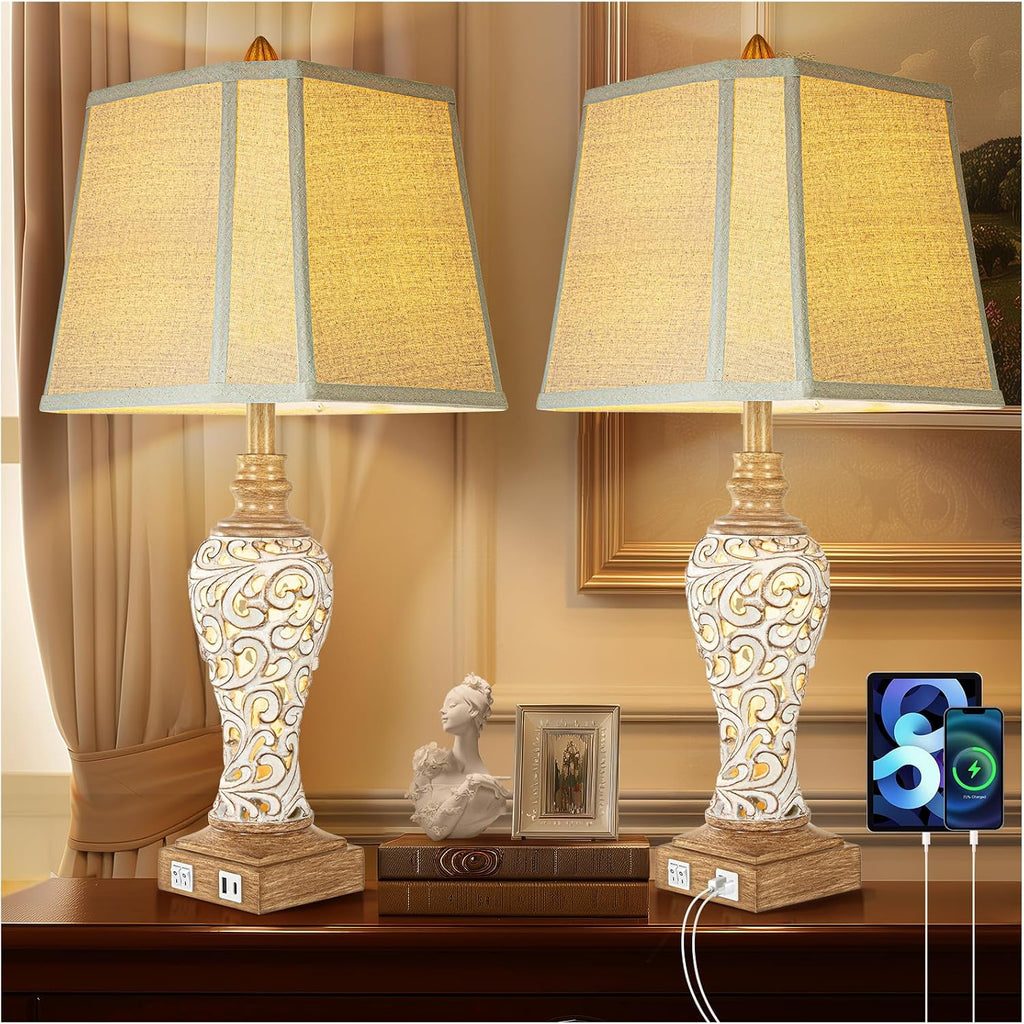 28.5' Rustic Table Lamp Set of 2 For Living Room Farmhouse Lamps for Bedroom, Bedside Lamps with Night Lights And USB C+A Charging Ports for Decor Office Study Hotel (Bulbs Included)