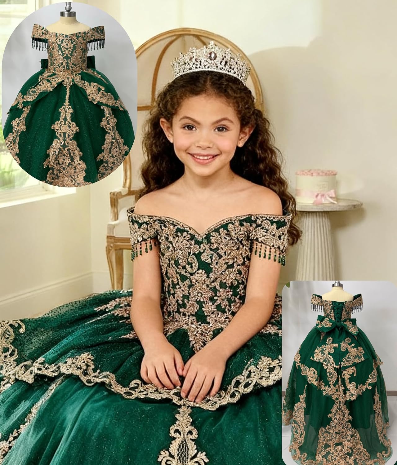 Gold Applique Flower Girl Dress with Tassels Crystal Girls Ball Gown Dresses Off Shoulder Girls Pageant Dress with Bow