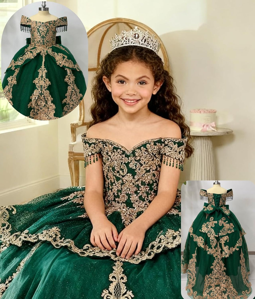 Gold Applique Flower Girl Dress with Tassels Crystal Girls Ball Gown Dresses Off Shoulder Girls Pageant Dress with Bow