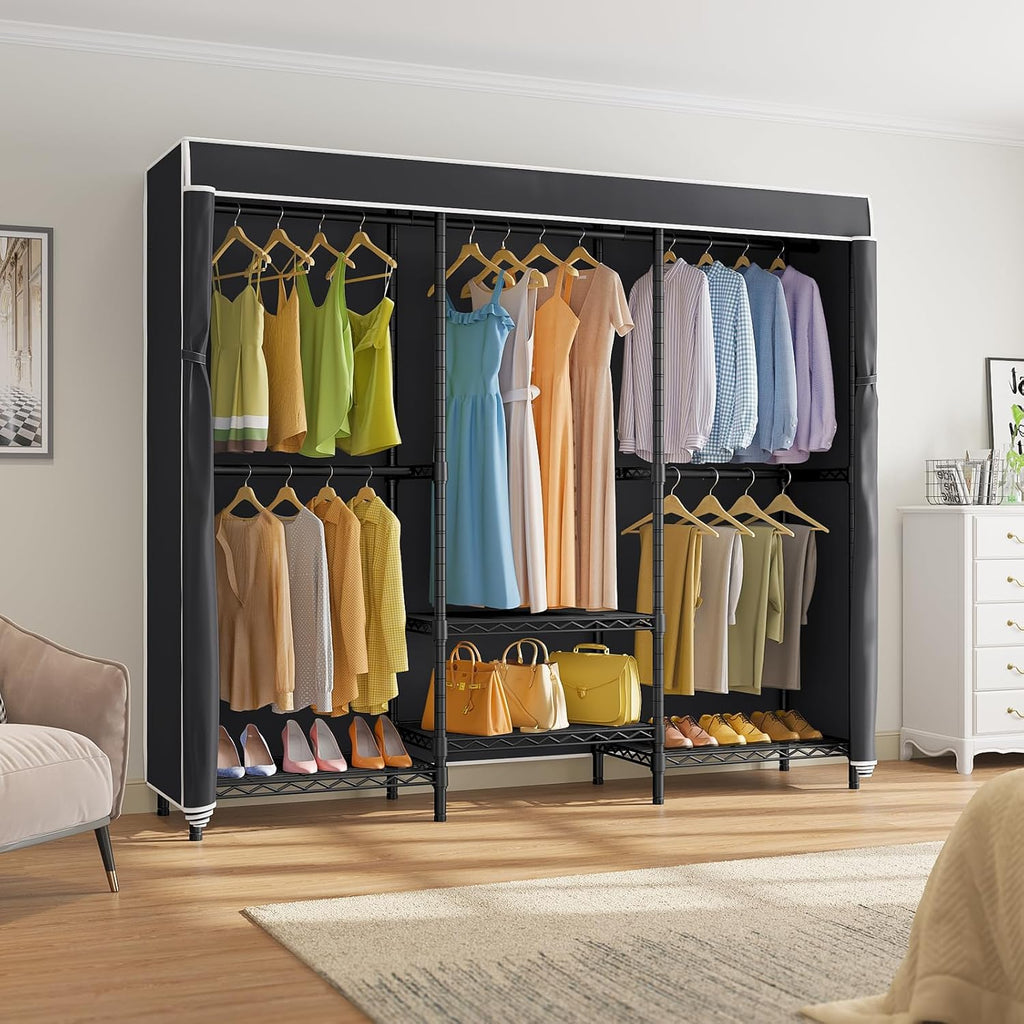 VIPEK V5C SE Garment Rack Wardrobe Closet, Heavy Duty Clothes Rack with Adjustable Shelves and Black Cover, Black Metal Closet Racks Clothing Storage Organizer for Bedroom, 70.1' Lx17.3 Wx76.4 H