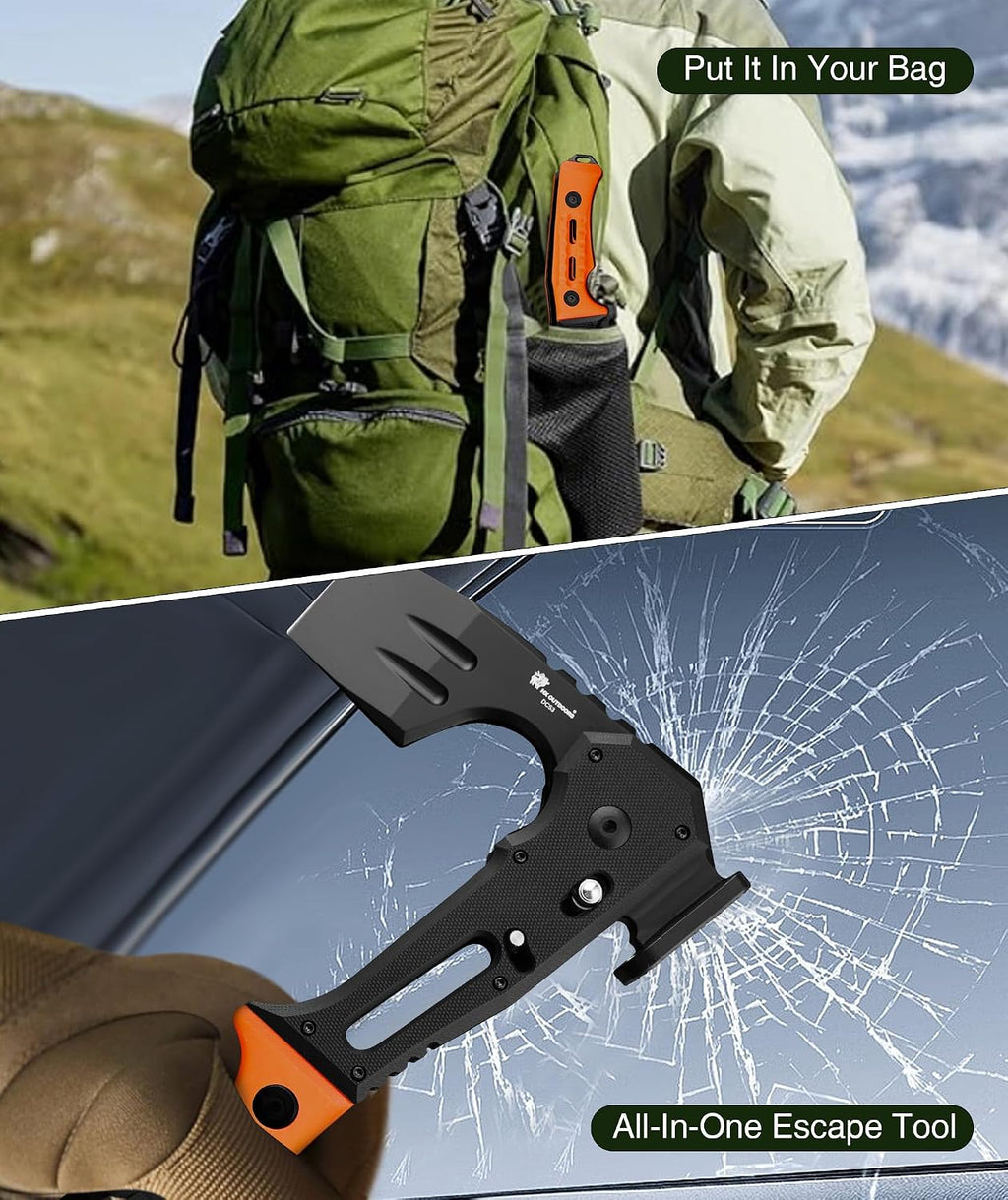 HX OUTDOORS Folding Hatchet Axe Survival Multitool, DC53 Steel Blade with Black Titanium, Camping Hatchet with Hammer, G10 Handle for Outdoor Gear,Various Tactical and Survival (Orange)