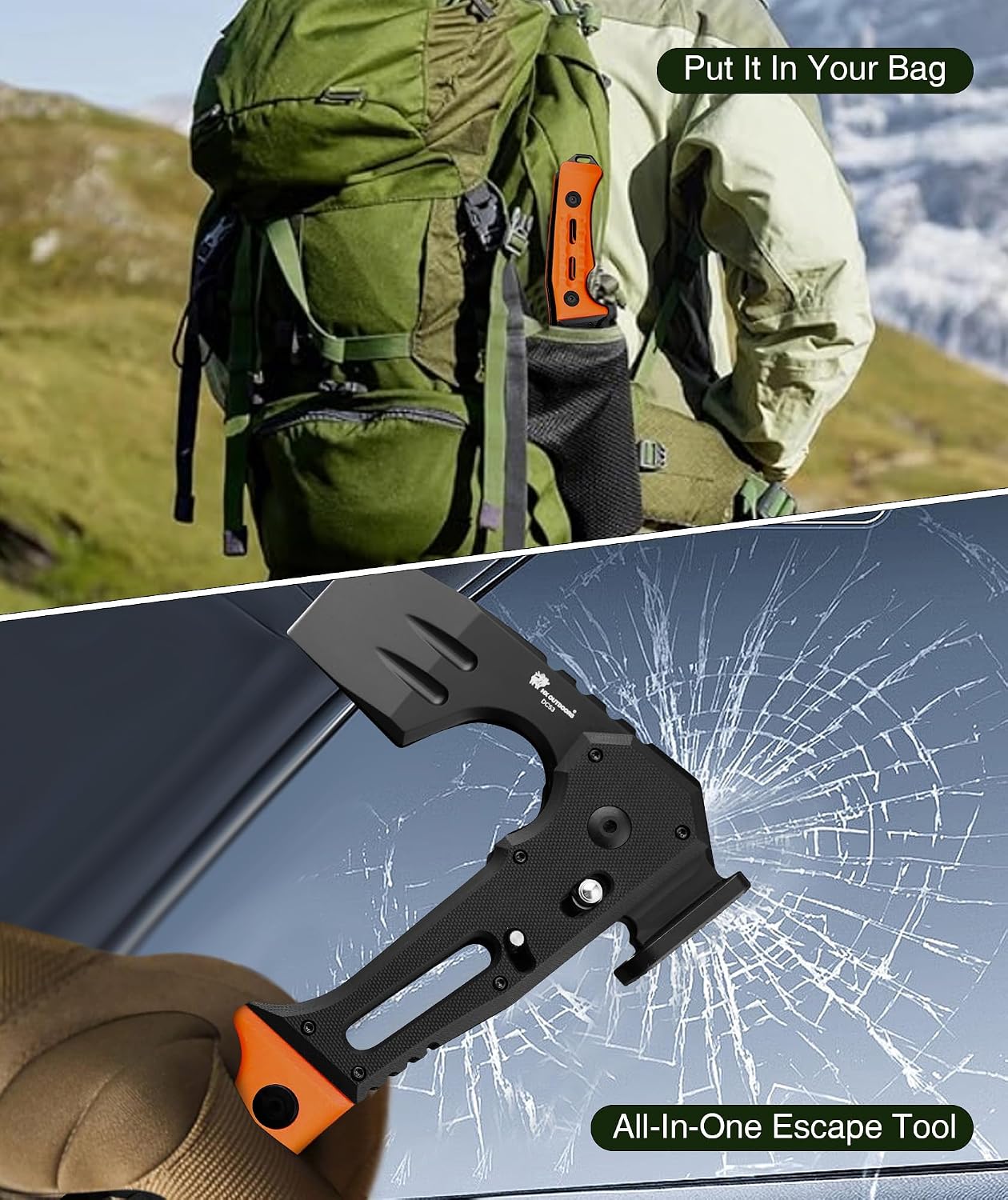 HX OUTDOORS Folding Hatchet Axe Survival Multitool, DC53 Steel Blade with Black Titanium, Camping Hatchet with Hammer, G10 Handle for Outdoor Gear,Various Tactical and Survival (Orange)