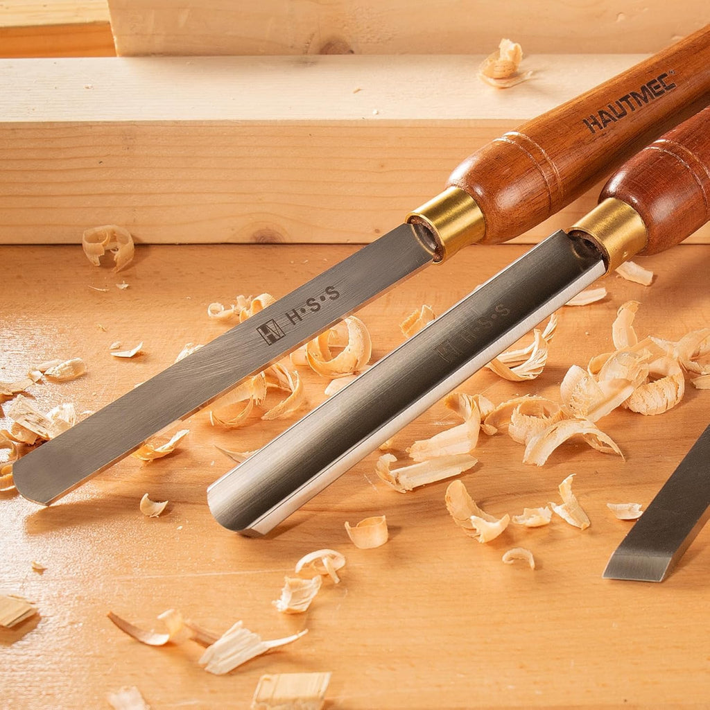 HAUTMEC Expert Wood Lathe Chisel Set 8 PCS, M2 HSS Wood Turning Tools with Teak Handles & Portable Storage Bag, Roughing Gouge, Skew, Parting, Scraper, for Beginners & Professionals - HTWCH25028