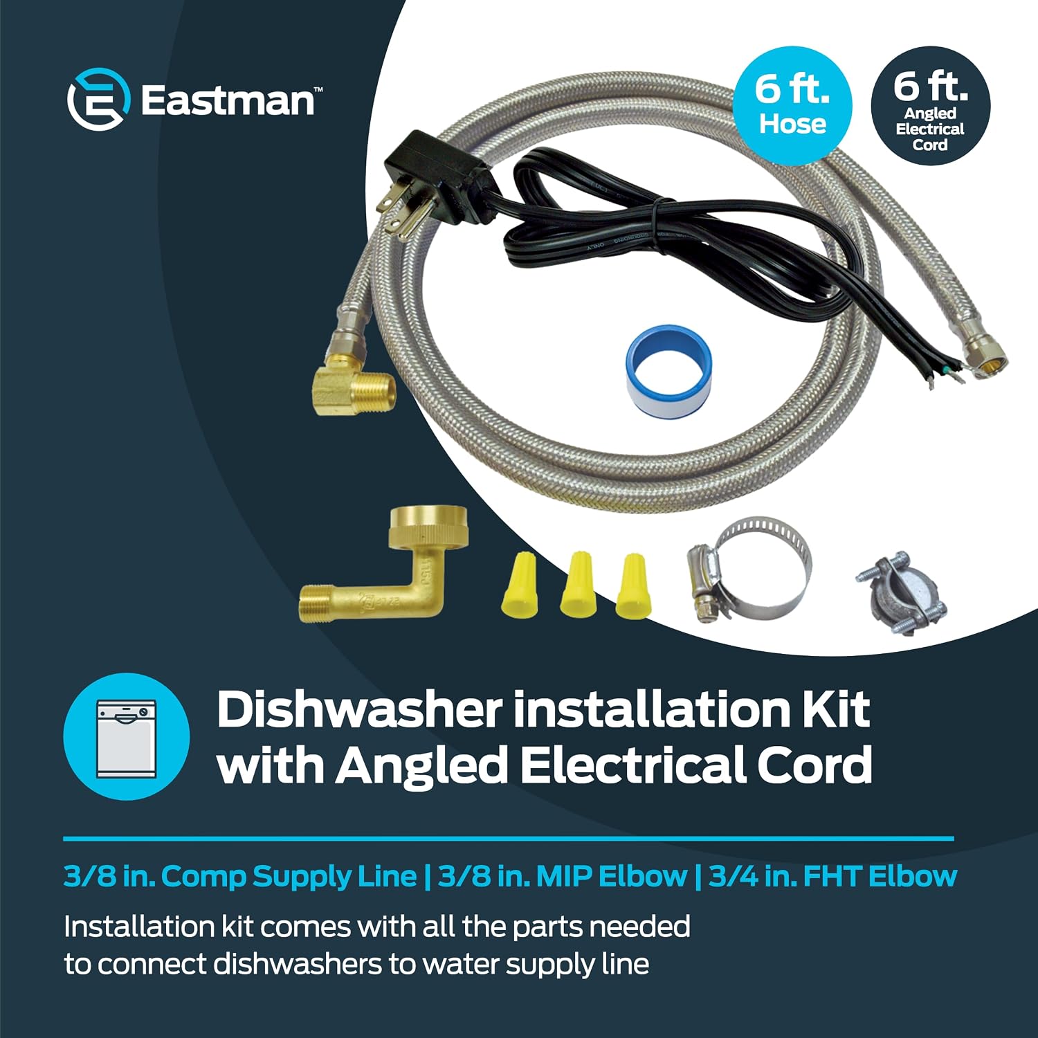 Eastman 6 Ft. Dishwasher Installation Kit, Braided Stainless Steel Supply Line with 3/8 Inch Compression Ends, 3-Prong Straight Power Cord, 41150 (Pack of 12)
