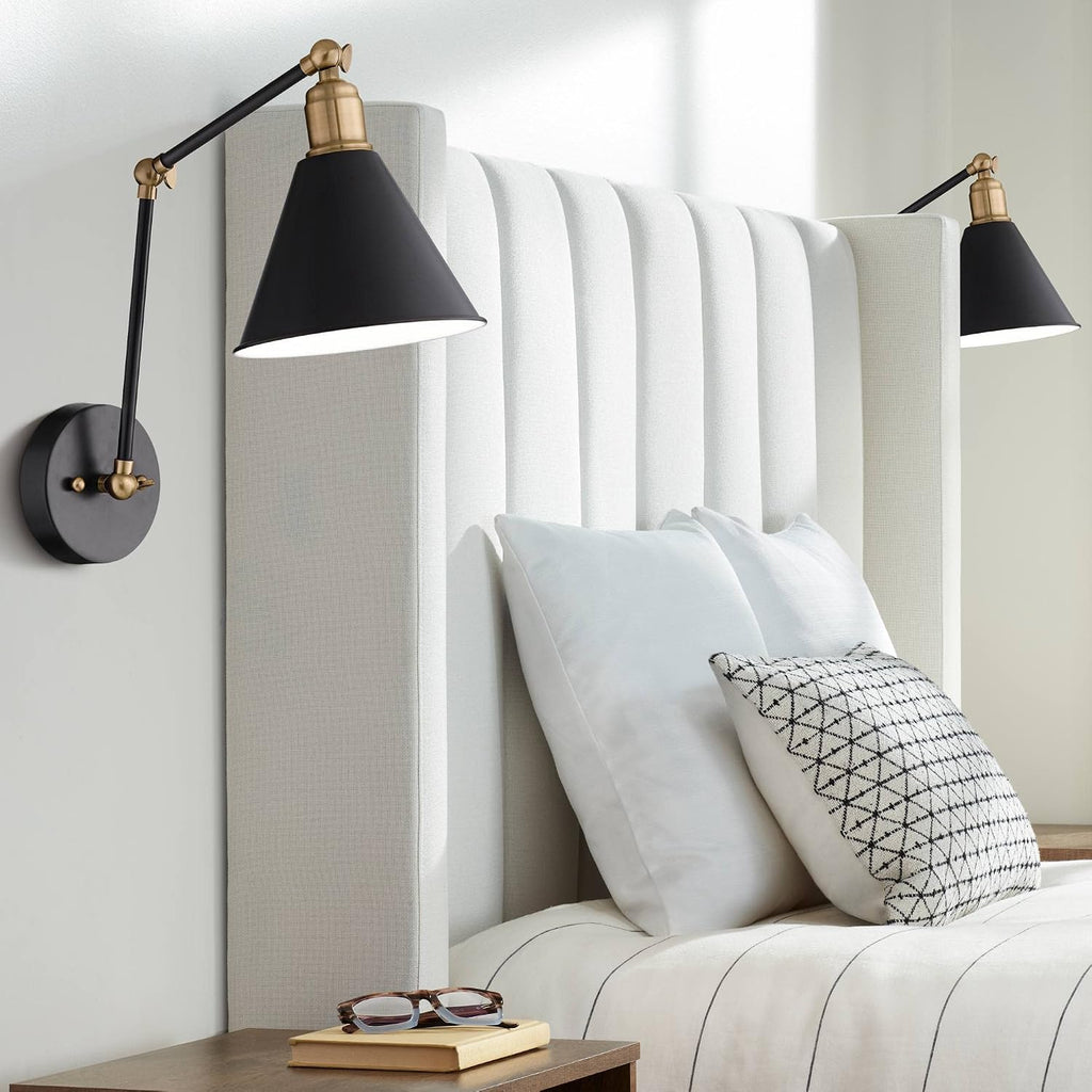 360 Lighting Wray Modern Wall Lamps Set of 2 Rich Black Brass Hardwired 7 1/4' Fixture Adjustable Arm Metal Cone Shade for Bedroom Bathroom Vanity House Reading Living Room Home Hallway