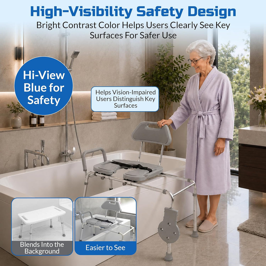 Platinum Health Sliding Shower Chair HydroGlyde Premium Heavy Duty, Padded Bathtub Transfer Bench with Cut Out Seat, for Bath Tub, Adjustable Legs, and Safety Belt, Quick Tool-Less Assembly, Gray