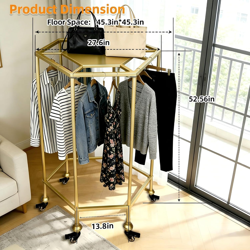 27.5-Inch Rolling Round Garment Rack with Shelf & Wheels,45'x45' Footprint,330lbs Load Heavy Duty Round Clothing Rack for Home & Retail Display, Gold (27.5in/Gold)