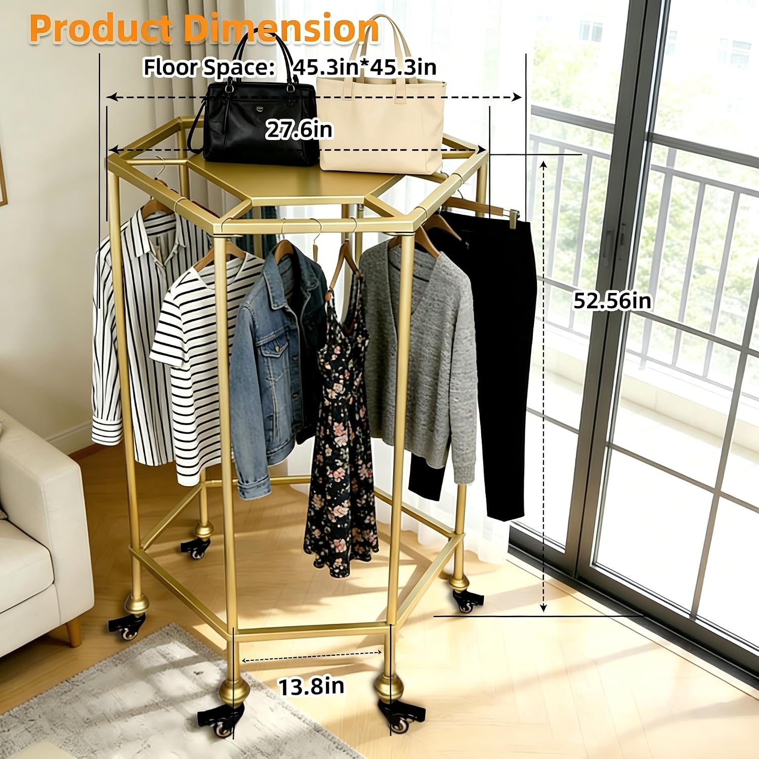 27.5-Inch Rolling Round Garment Rack with Shelf & Wheels,45'x45' Footprint,330lbs Load Heavy Duty Round Clothing Rack for Home & Retail Display, Gold (27.5in/Gold)