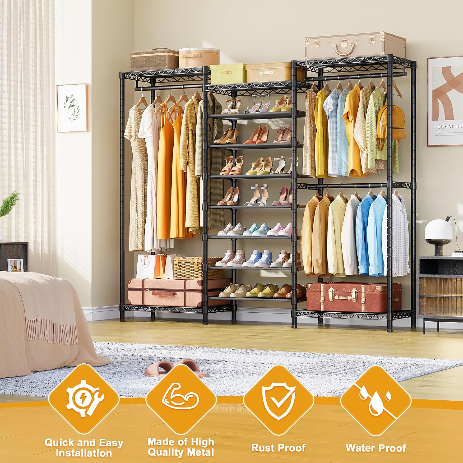 ULIFHOME E16 Heavy Duty Clothing Rack（with 7-Tier Adjustable Shoe Rack） Freestanding Clothes Rack for Hanging Clothes，Metal Closet Storage Organizer Large Wardrobe，69'' W x 15.8'' D x 76.2'' H，Black