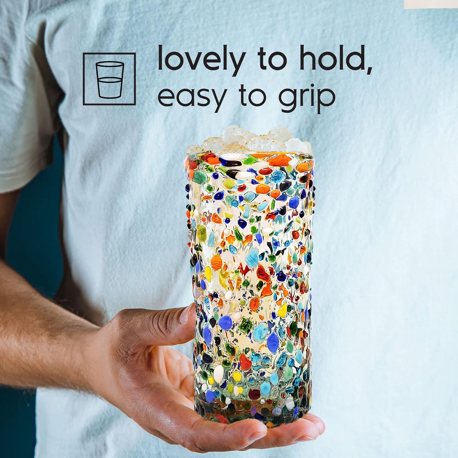 Confetti Rocks 20 oz Tall Iced Tea Glasses (set of 6) | Hand Blown Drinking Glasses, Multicolor Mexican Glassware Tumblers for Water, Juice, Margaritas & Cocktails | Lead-free, Toxin-Free