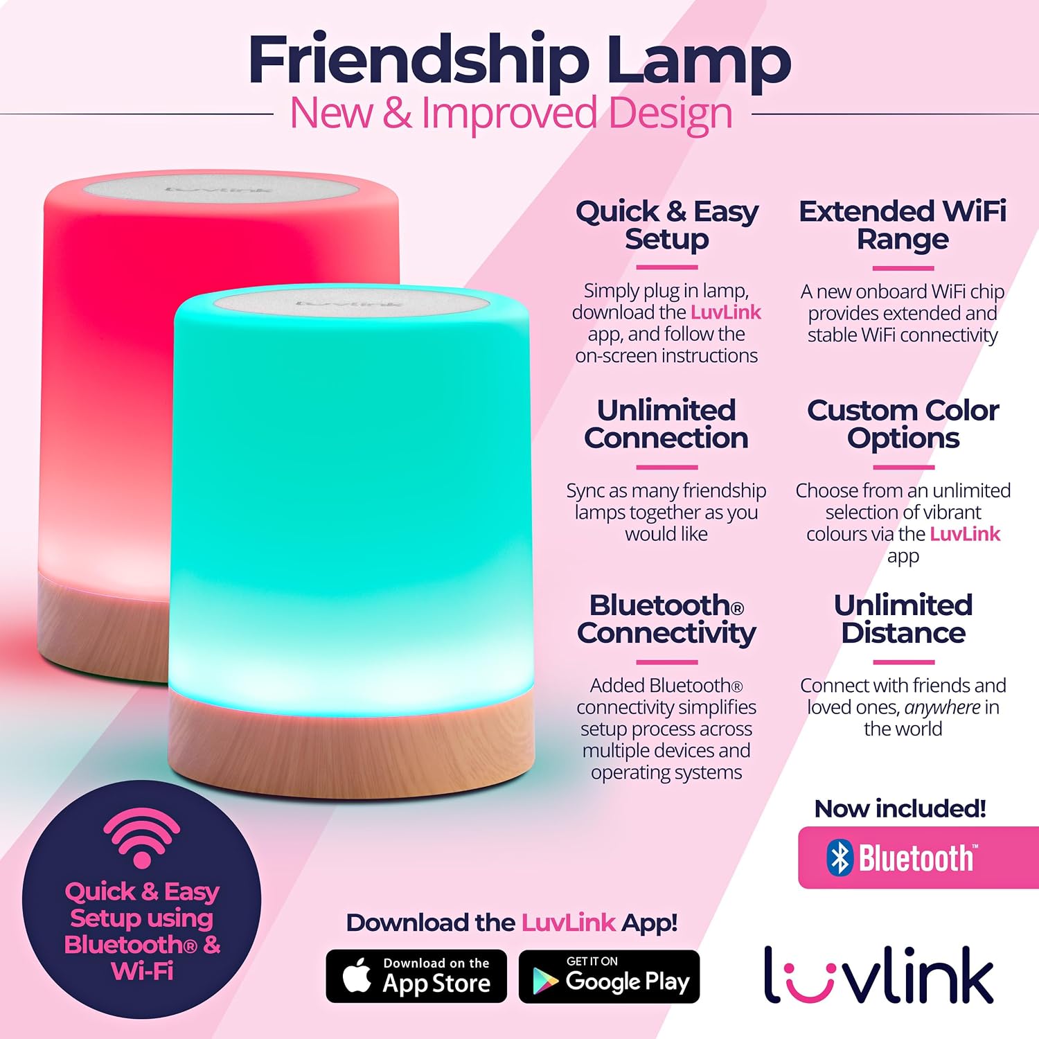 LuvLink Friendship Lamps No Subscription WiFi Touch Lamp for Long Distance Relationships, Couples, Friends & Family - Gift Ready (Set of Six)
