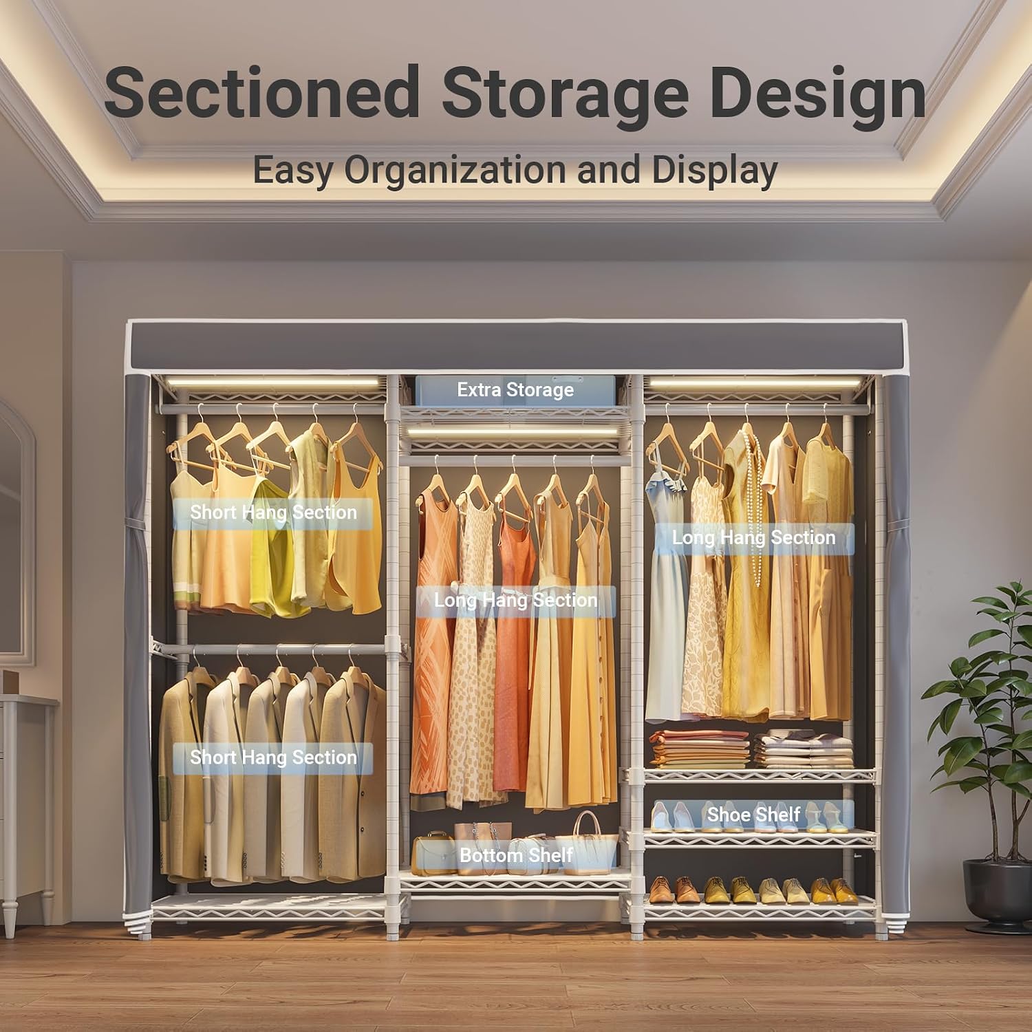 VIPEK V5LC Garment Rack Heavy Duty Covered with Dimmable LED Lights, 3000K Warm White, Portable Closet Wardrobe Freestanding for Hanging Clothes, with Grey Cover