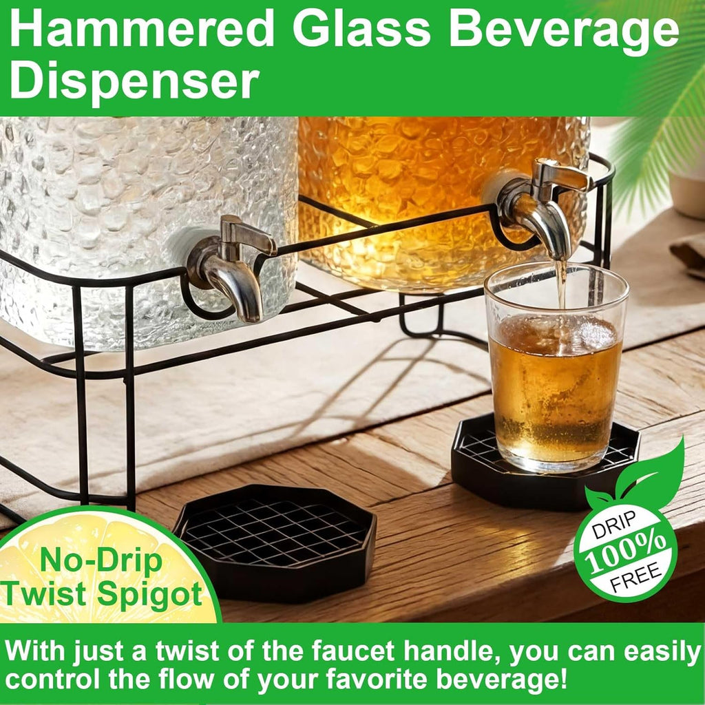 2 Pack 5 Gallon Drink Dispenser with Stand for Parties, Hammered Glass Beverage Dispensers, Stainless Steel Spigots and Drip Trays, Water Jar Jug for Lemonade, Juice, Tea and Party Drinks