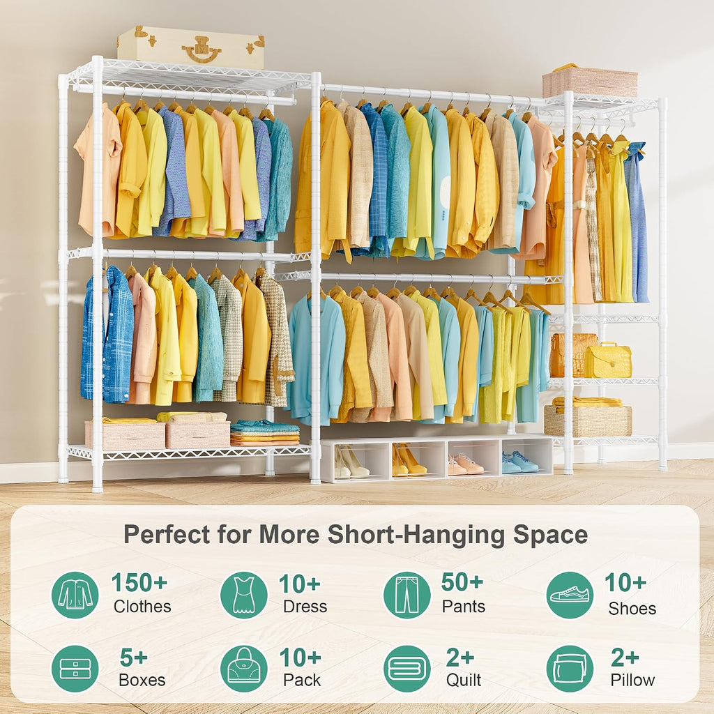 SEMHOR E01 Expandable Heavy Duty Clothes Rack, Free Standing Closet System Organizer, Adjustable Portable Carbon Steel Garment & Clothing Racks for Hanging Clothes (72.5-96'), 800LBS Max Load, White