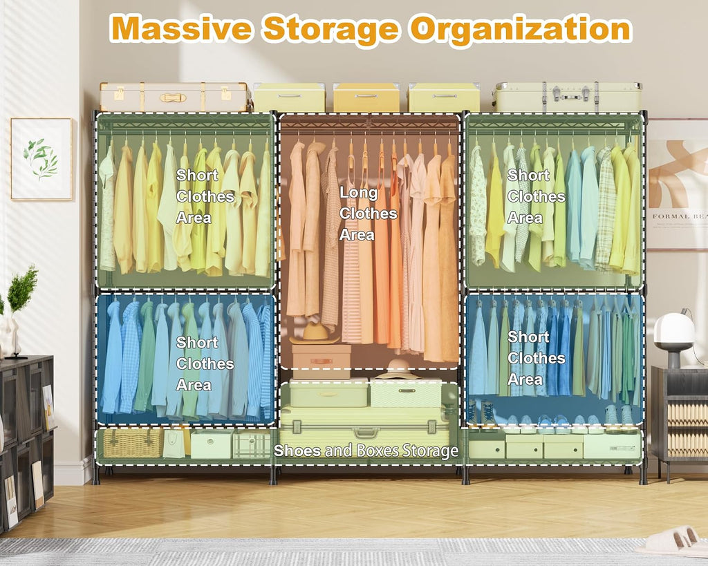 ULIFHOME E14C Max Heavy Duty Closet Organizer System，Freestanding Clothing Racks for Hanging Clothes，Adjustable Garment Rack 86' W × 16' D × 77' H Hold 1060 lbs，Black Rack with Black Cover