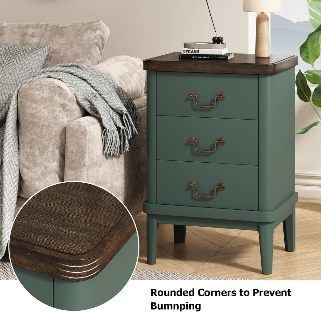 Wnutrees Farmhouse Nightstand with 3 Drawers，Modern Bedside Table with Round Curved Corner and Metal Handles, Wood End Side Table for Living Room, Hallway, Green Set of 2