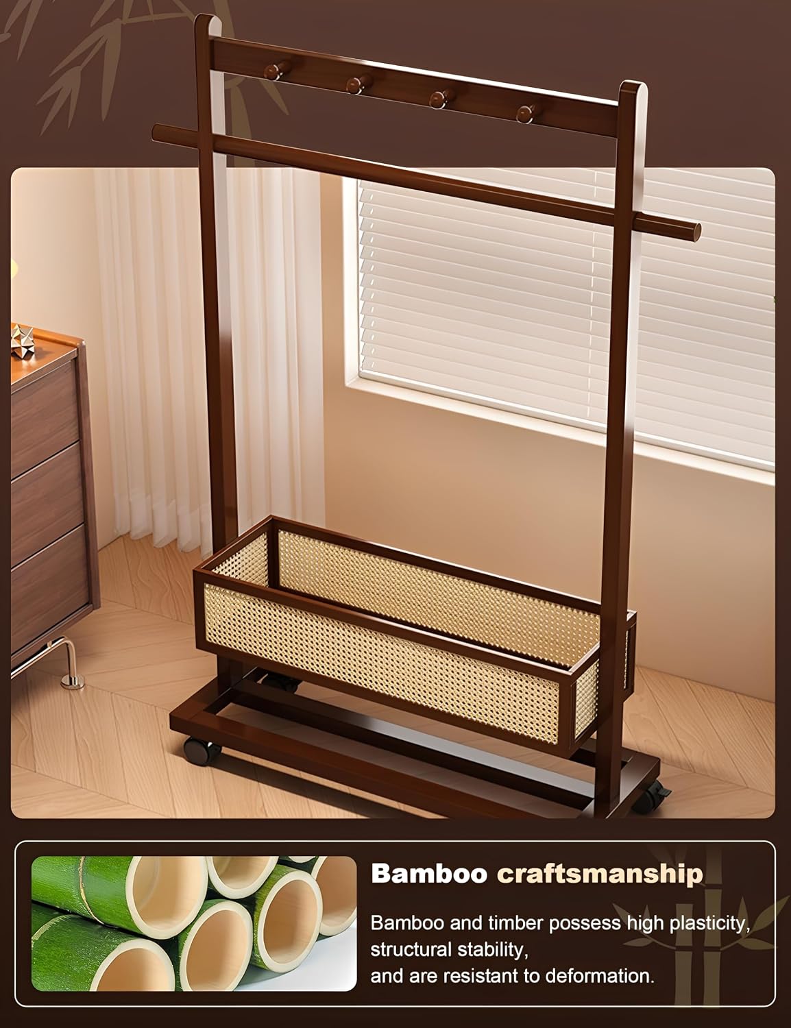 Garment Rack With Storage Basket Bamboo Clothing Rack for Hanging Clothes Rolling Clothes Rack for Small Spaces Standing Coat Rack for Bedroom Living Room (41.3' W x 12.6' D x 68.1' H)