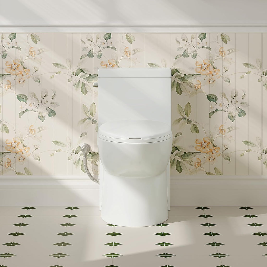 Eridanus One Piece Toilets for Bathroom, Elongated Toilet with Compact Soft Closing Seat, ADA Compliant 17' Toilet Bowl, 12' Rough in, Left Handle Powerful Flush 1.28GPF, Modern Ceramic Model 321S
