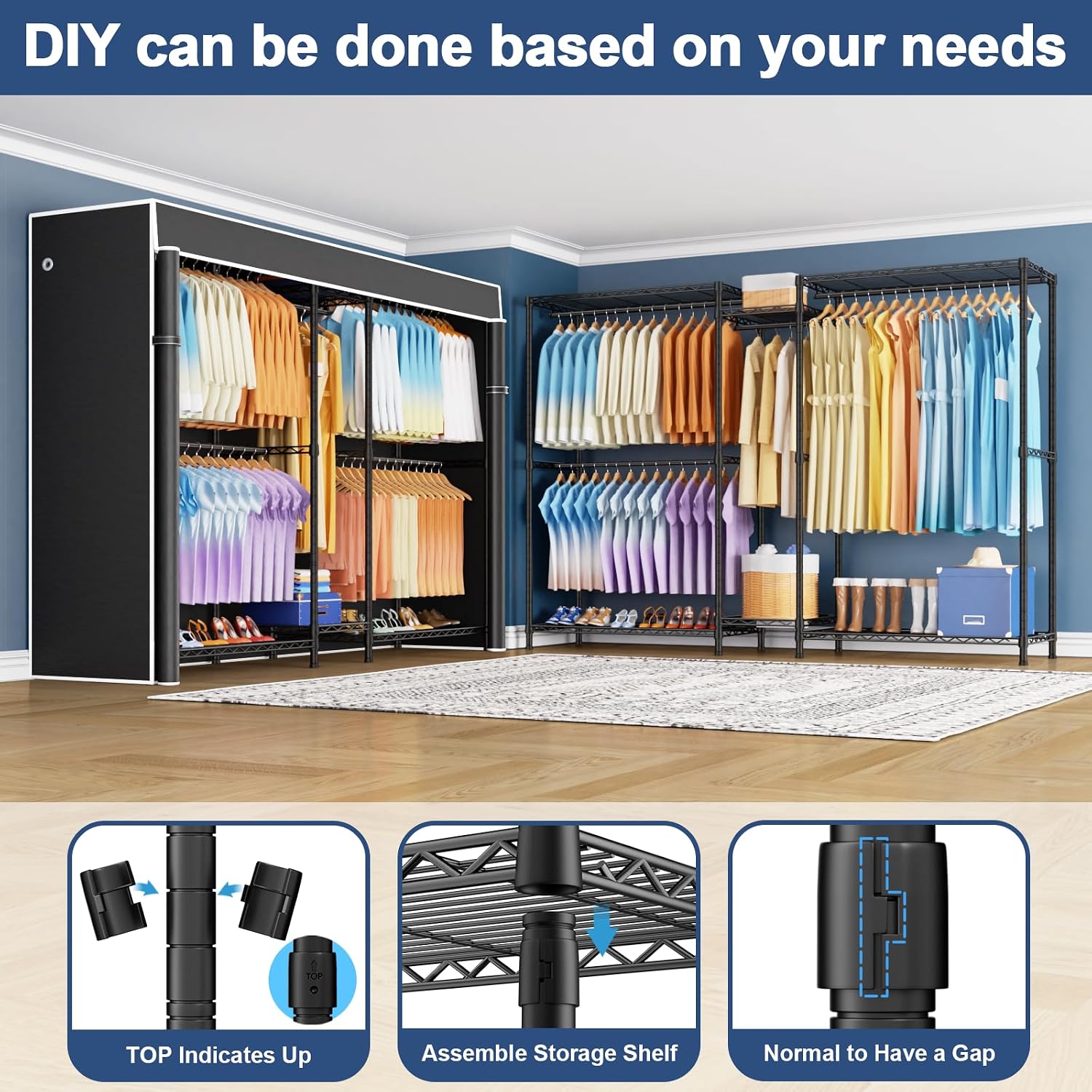 Ulif E12C Max Heavy Duty Closet Organizer System，Freestanding Clothing Rack, Adjustable Garment Rack 83' W x 16' D x 76.5' H Holds 1060 lbs, Black Clothing Rack with Black Dustproof Cover