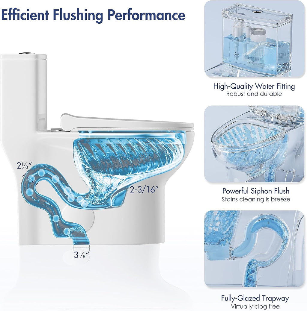 Eridanus One Piece Toilet, Elongated with Soft Closing Seat, Small Compact Toilet with 16⅜' Height Seat, Powerful & Quiet Dual Flush (1.1/1.6 GPF), 12' Rough-In