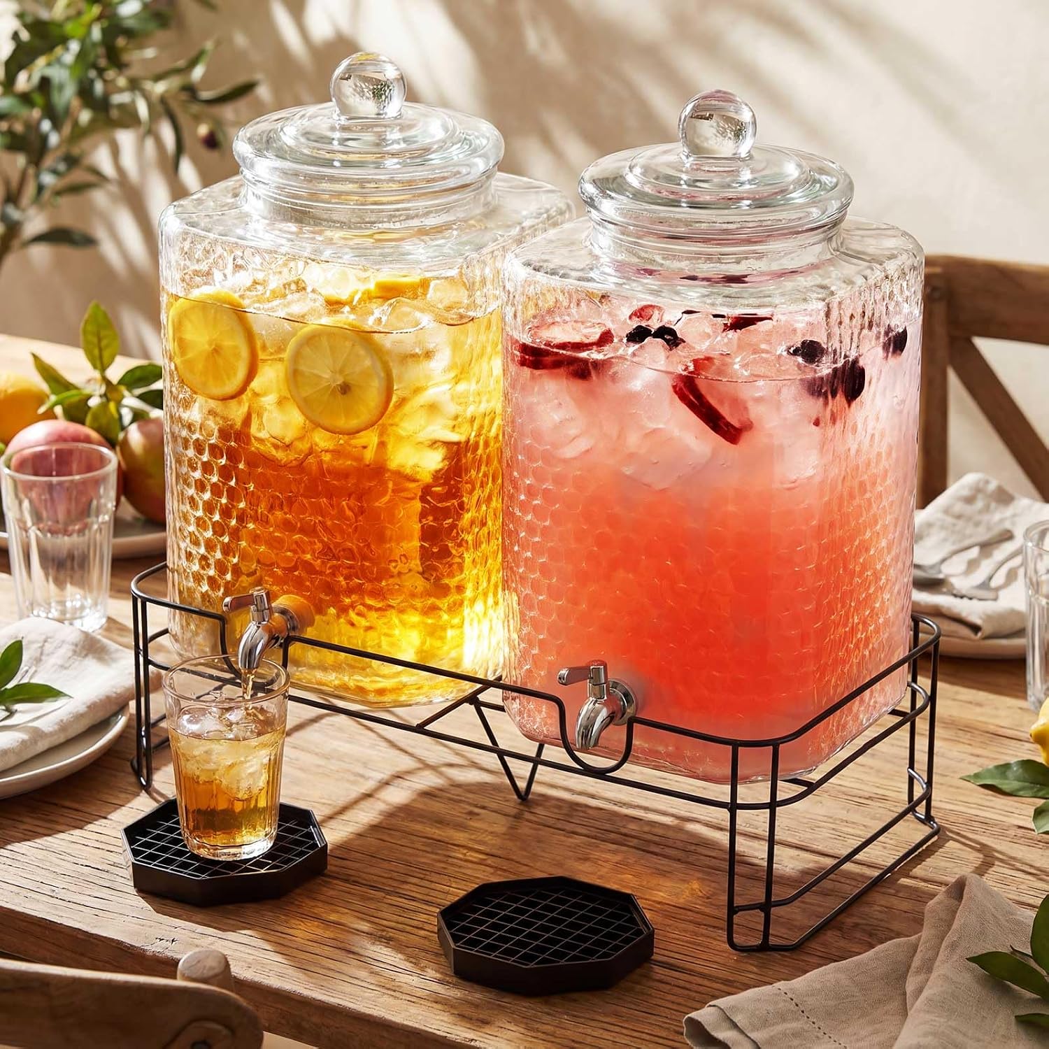 2 Pack 5 Gallon Drink Dispenser with Stand for Parties, Hammered Glass Beverage Dispensers, Stainless Steel Spigots and Drip Trays, Water Jar Jug for Lemonade, Juice, Tea and Party Drinks