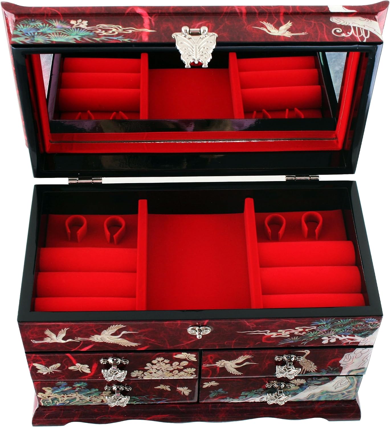 Mother of Pearl Crane and Pine Tree in Red Mulberry Paper Design Wooden Jewelry Mirror Trinket Keepsake Treasure Drawer Lacquer Box Case Chest Organizer