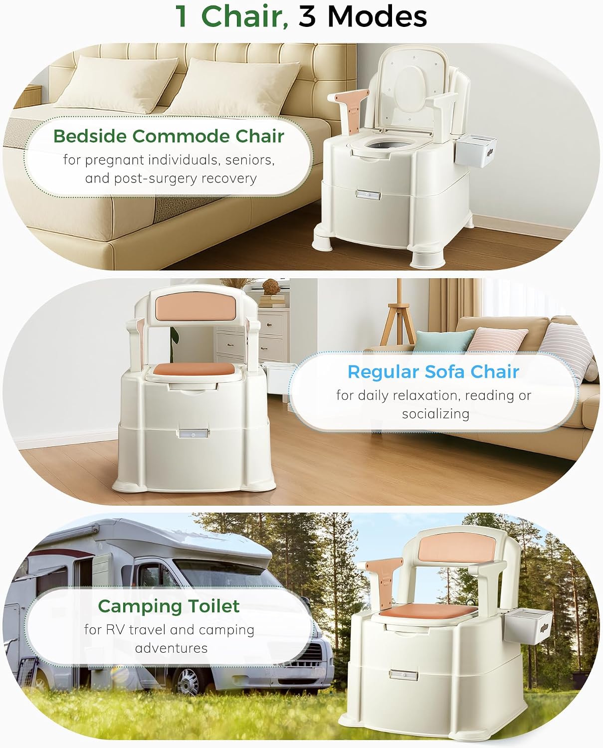 Bedside Commode, 500lbs Heavy Duty & Upgraded Commode Toilet Potty Chair, Portable Camping Toilet, Detachable Armrests, Automatic LED Light, 2-Level Height, 3 Rolls of Commode Liners 【Brown】