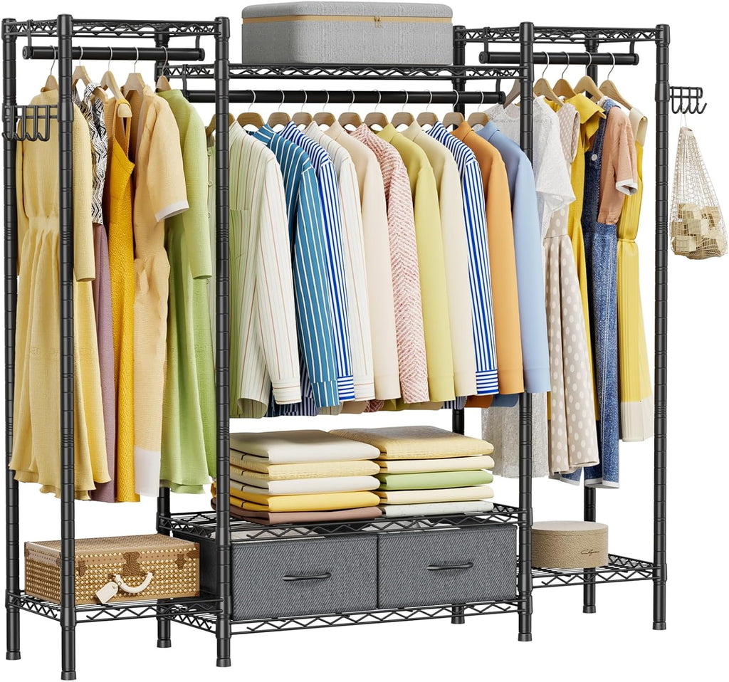 Golpart Coat Rack Clothes Wardrobe：Closet Organizer and Storage Clothing Garment Rack with Shelves Heavy Duty for Hanging Clothes Portable Adjustable Black 15.8' DX61 WX76.5 H