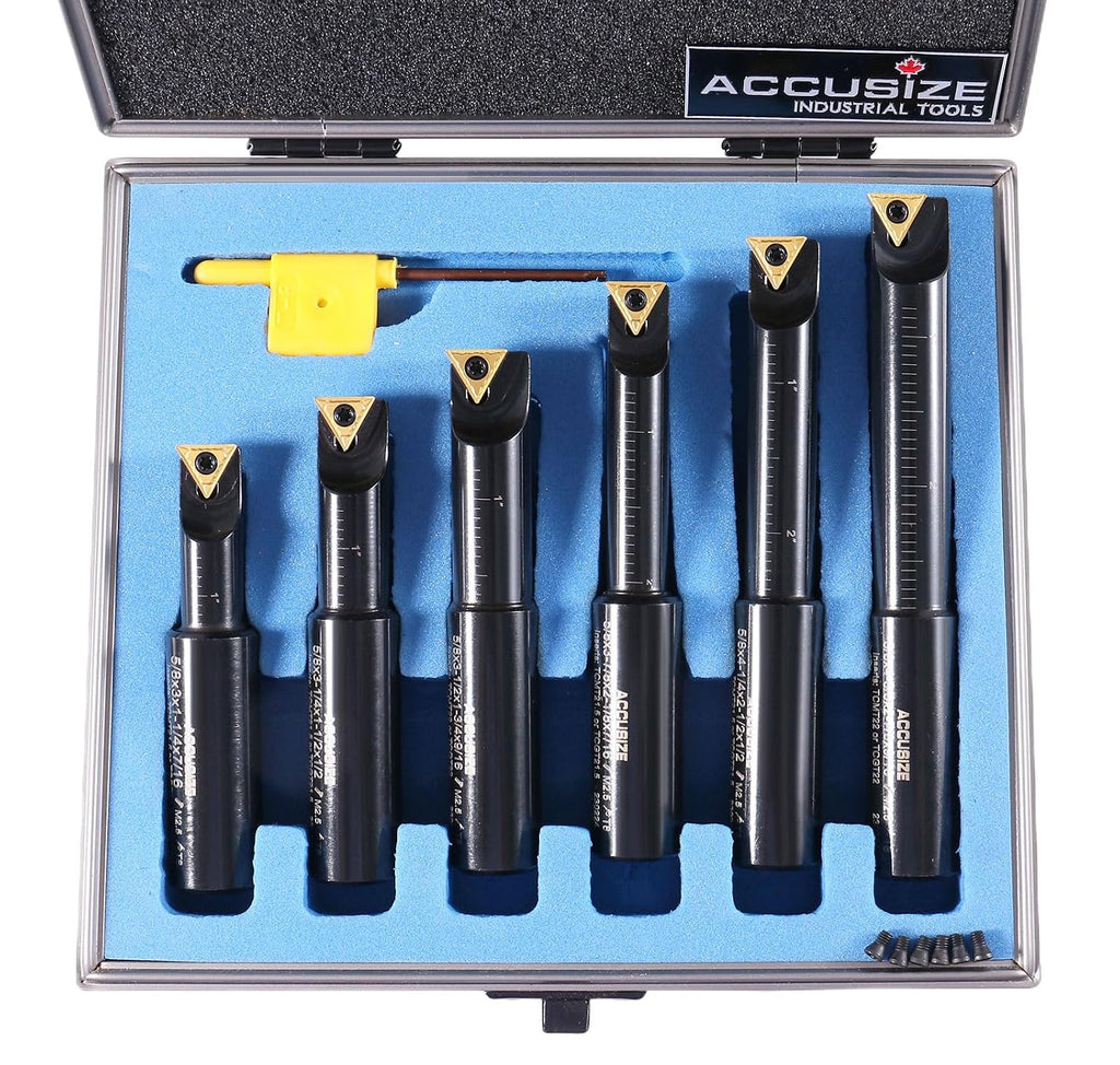 Accusize Industrial Tools Round Shank Indexable Boring Bar, 5/8 in | 6-Piece Set with TCMT 21.5 Carbide Inserts, 90 Degree, Bore Depth 1-1/4 in to 2-7/8 in, 2627-9106