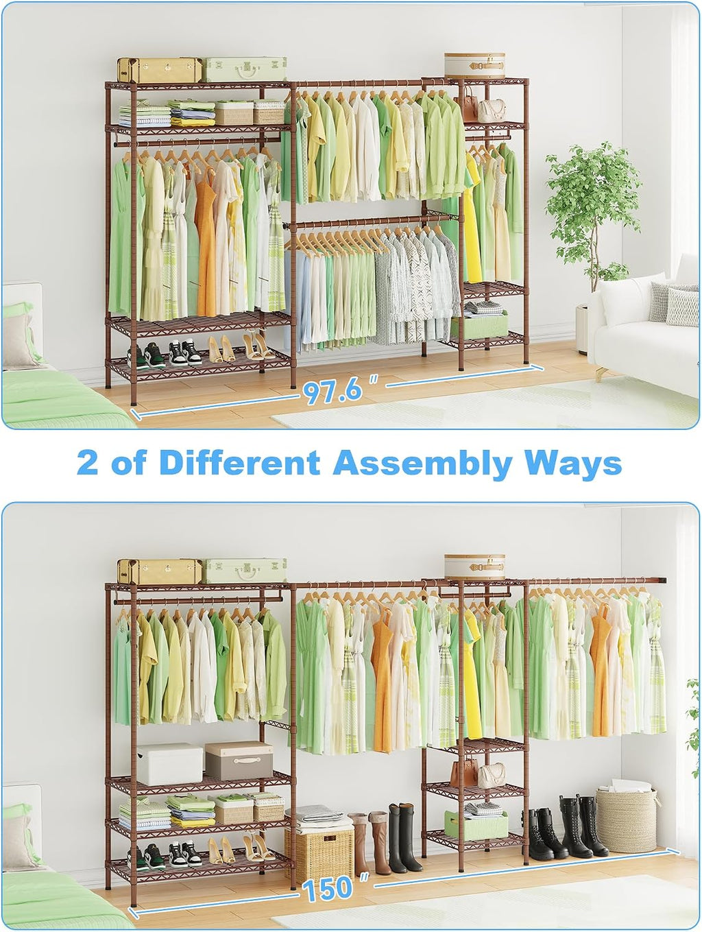 Ulif E11 Heavy-Duty Garment Rack, Metal Freestanding Clothes Rack and Closet Storage Organizer System with 8 Shelves and 4 Hanger Rods, (73.2-97.6)' W x 14.5' D x 71.2' H, Load 1034 LBS, Bronze