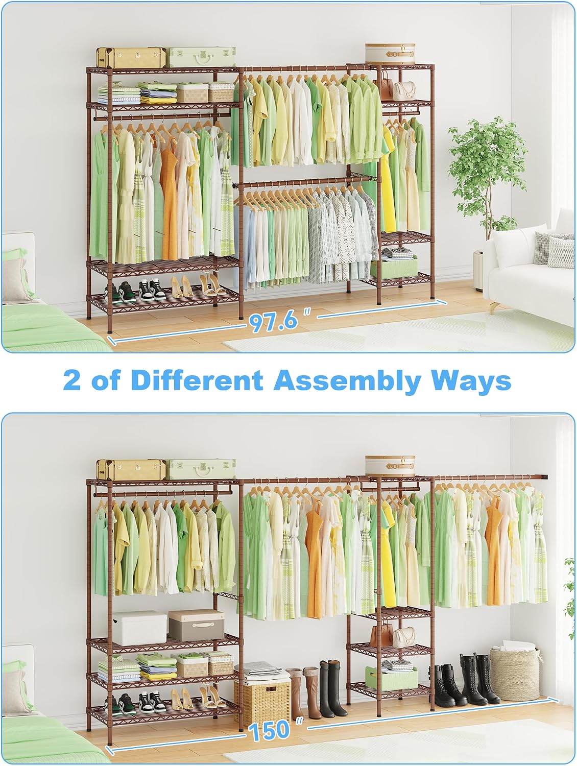 Ulif E11 Heavy-Duty Garment Rack, Metal Freestanding Clothes Rack and Closet Storage Organizer System with 8 Shelves and 4 Hanger Rods, (73.2-97.6)' W x 14.5' D x 71.2' H, Load 1034 LBS, Bronze